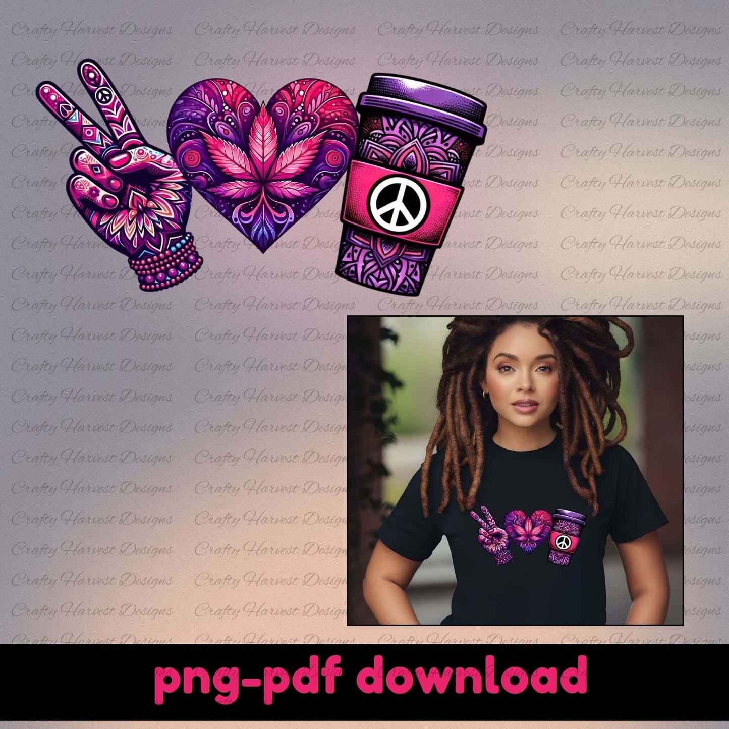 Mockup featuring a peace-themed design with a vibrant purple and pink color scheme. Includes a peace sign hand, a heart with intricate floral patterns, and a coffee cup with a peace symbol. Displayed on a black t-shirt worn by a model and available as a PNG-PDF download