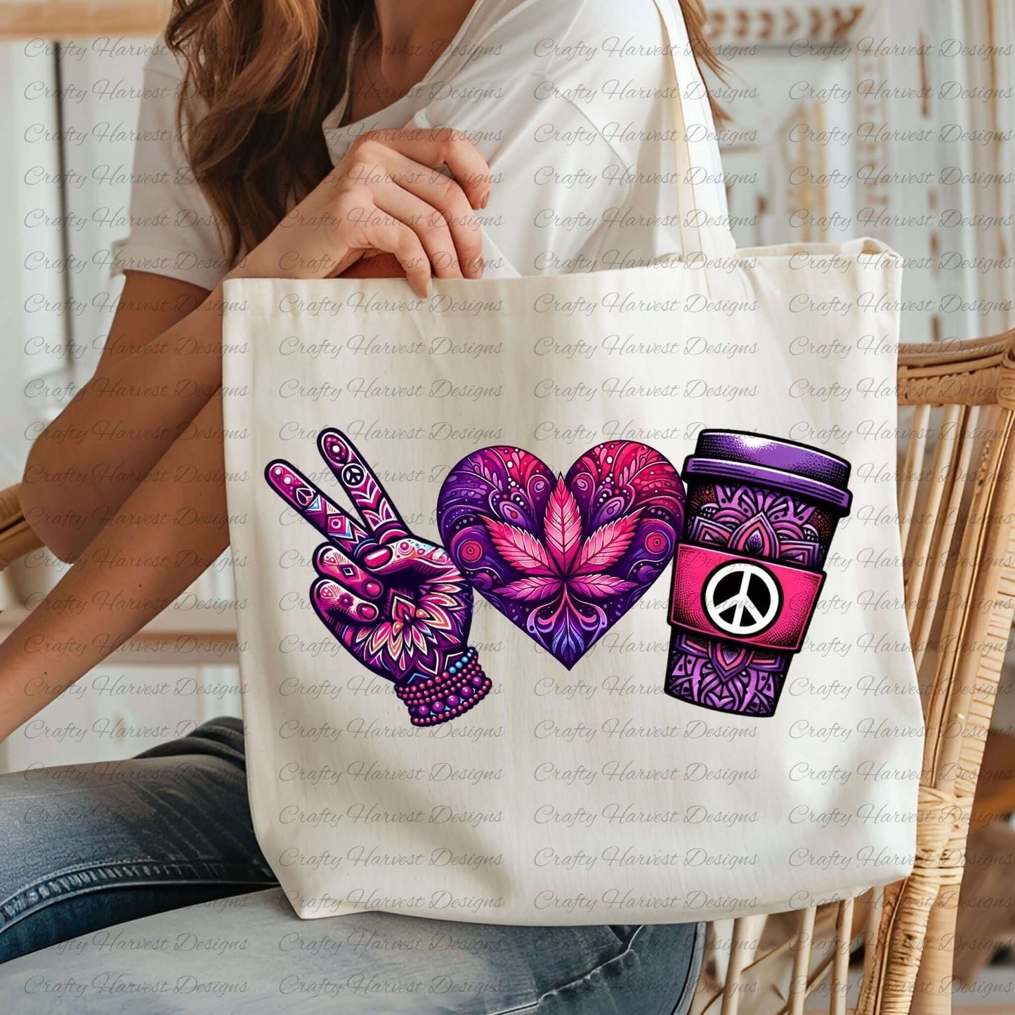 White tote bag featuring a peace-themed design in vibrant purple and pink tones. Includes a peace sign hand, a heart with intricate floral patterns, and a coffee cup with a peace symbol, held by a person wearing a casual white shirt.