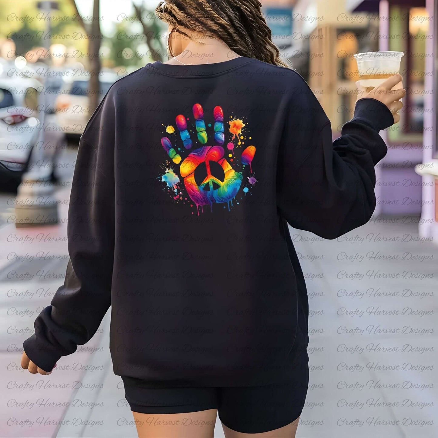 Woman wearing a black sweatshirt featuring a rainbow dripping paint handprint with a peace symbol on the back. Printed apparel mockup showcasing the design.