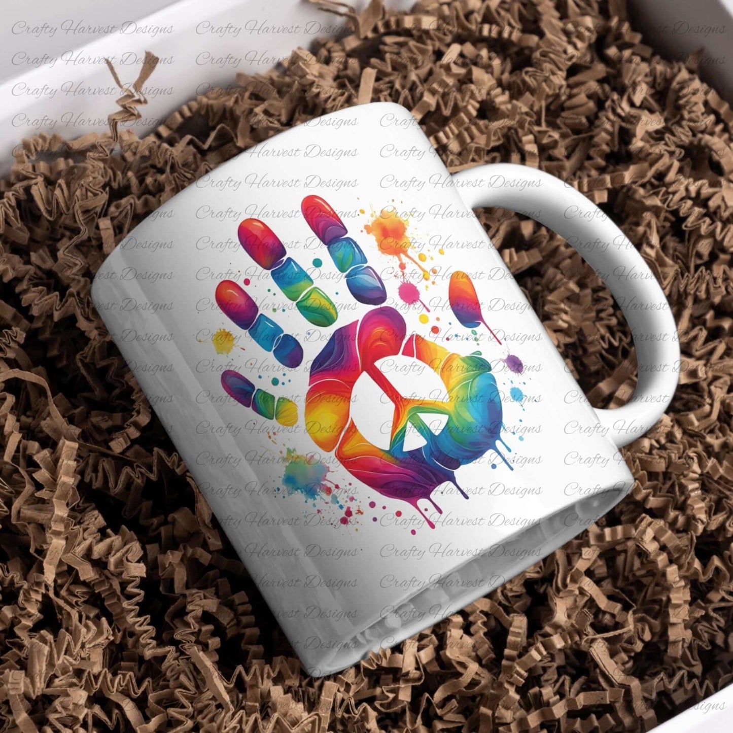 White ceramic mug featuring a rainbow dripping paint handprint with a peace symbol. Printed mug mockup displayed on crinkle paper packaging.