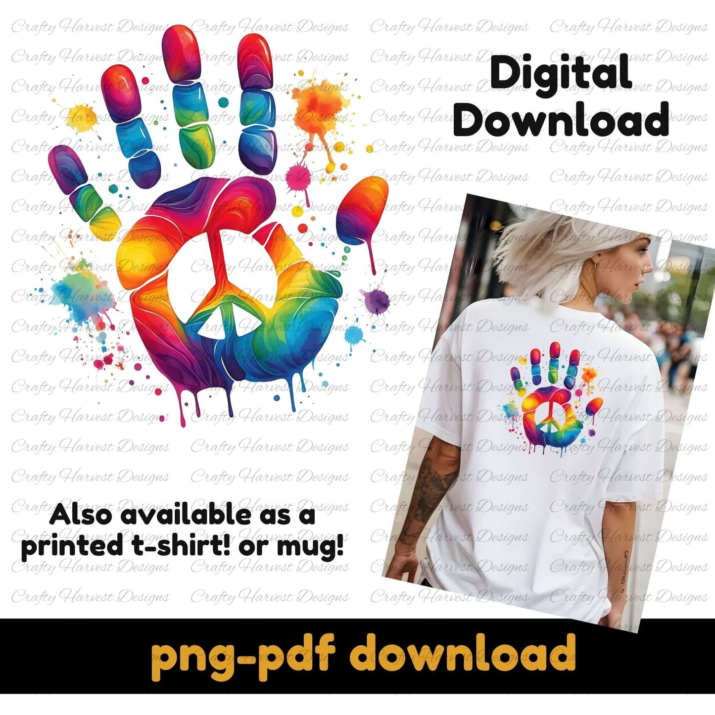 Rainbow dripping paint handprint with a peace symbol in the center. Includes a mockup of the design on a white t-shirt. Digital download available in PNG and PDF formats.