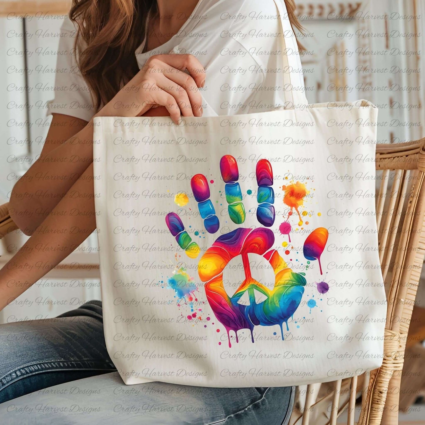 Woman holding a beige tote bag featuring a rainbow dripping paint handprint with a peace symbol in the center. Printed tote bag mockup showcasing the design.