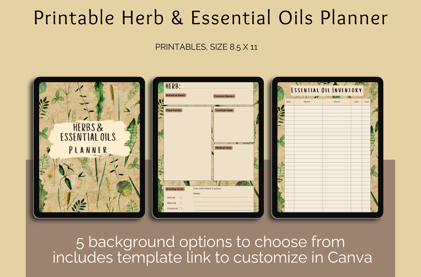 Printable Herb & Essential Oils Planner | 5 Designs, 21 Pages + Customizable Template - Crafty Harvest Designs