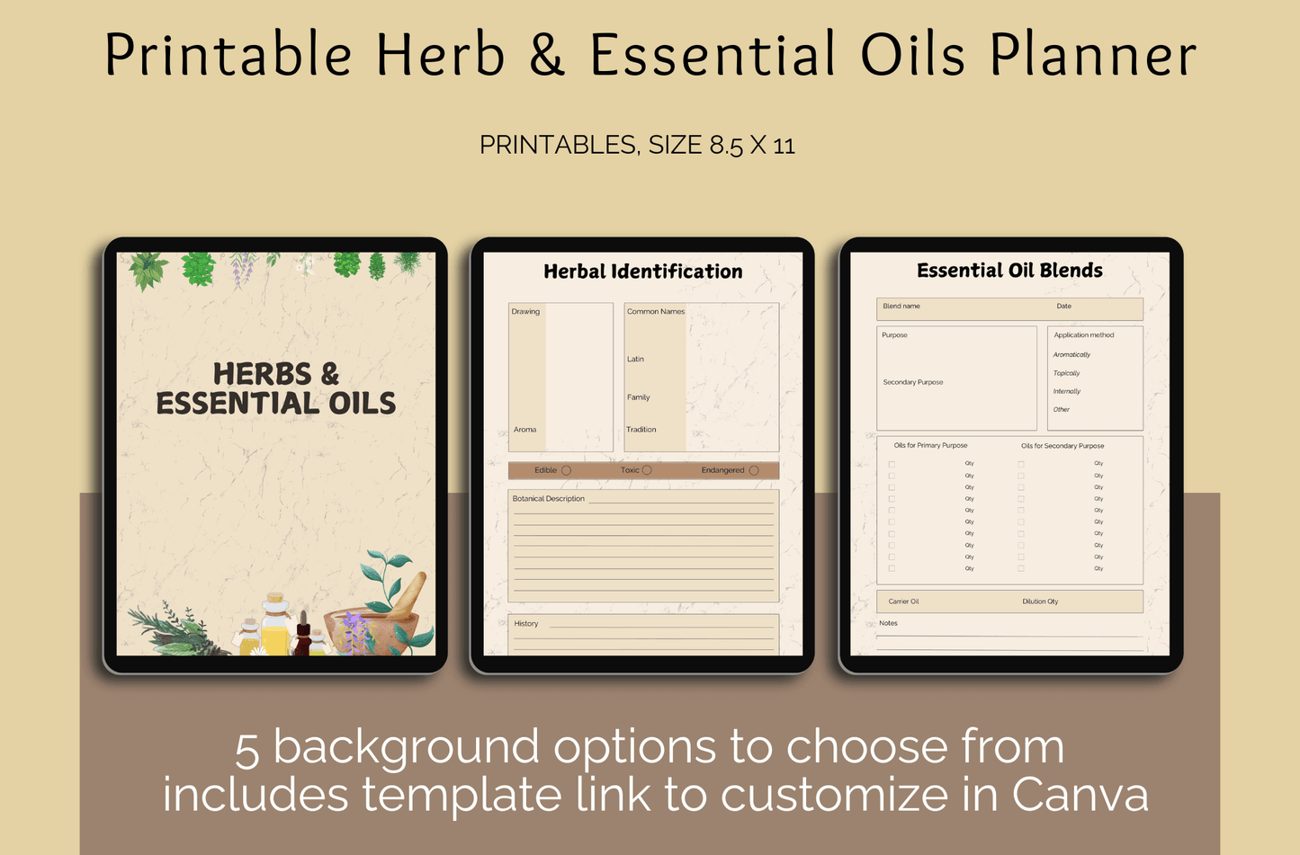 Printable Herb & Essential Oils Planner | 5 Designs, 21 Pages + Customizable Template - Crafty Harvest Designs