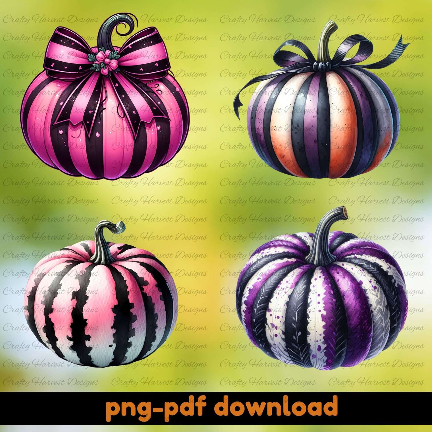 Four striped pumpkins with decorative ribbons on a yellow background, featuring the brand 'Crafty Harvest Designs'.