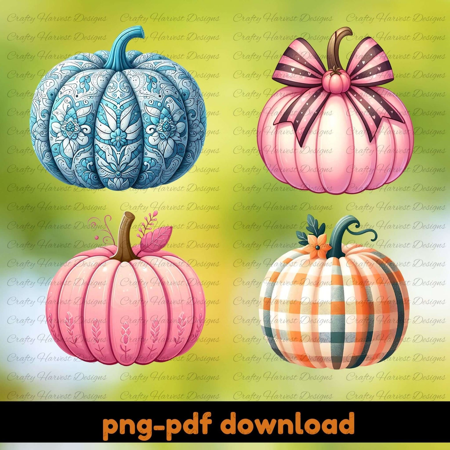 Four decorative pumpkins with different patterns on a green background, featuring the brand 'Crafty Harvest Designs'.
