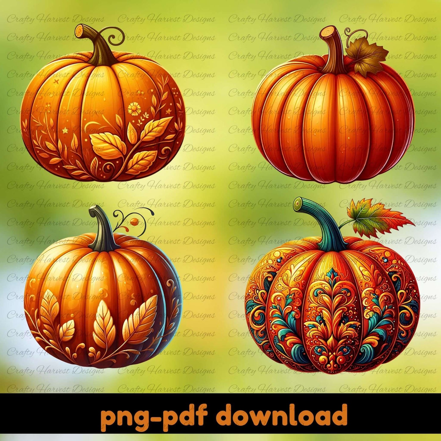 Decorative pumpkins with intricate designs on a green background, featuring the text 'png-pdf download'.