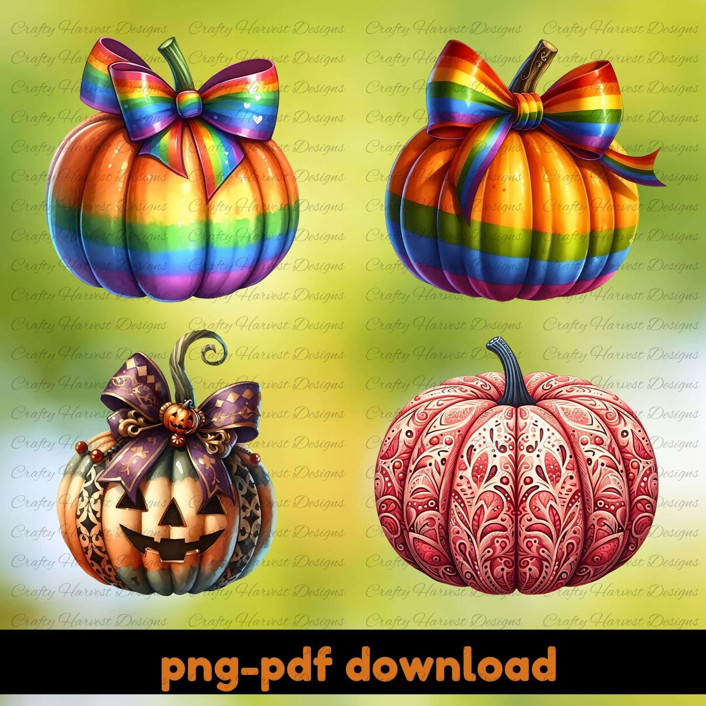 Four decorated pumpkins with rainbow bows and intricate designs on a yellow background.