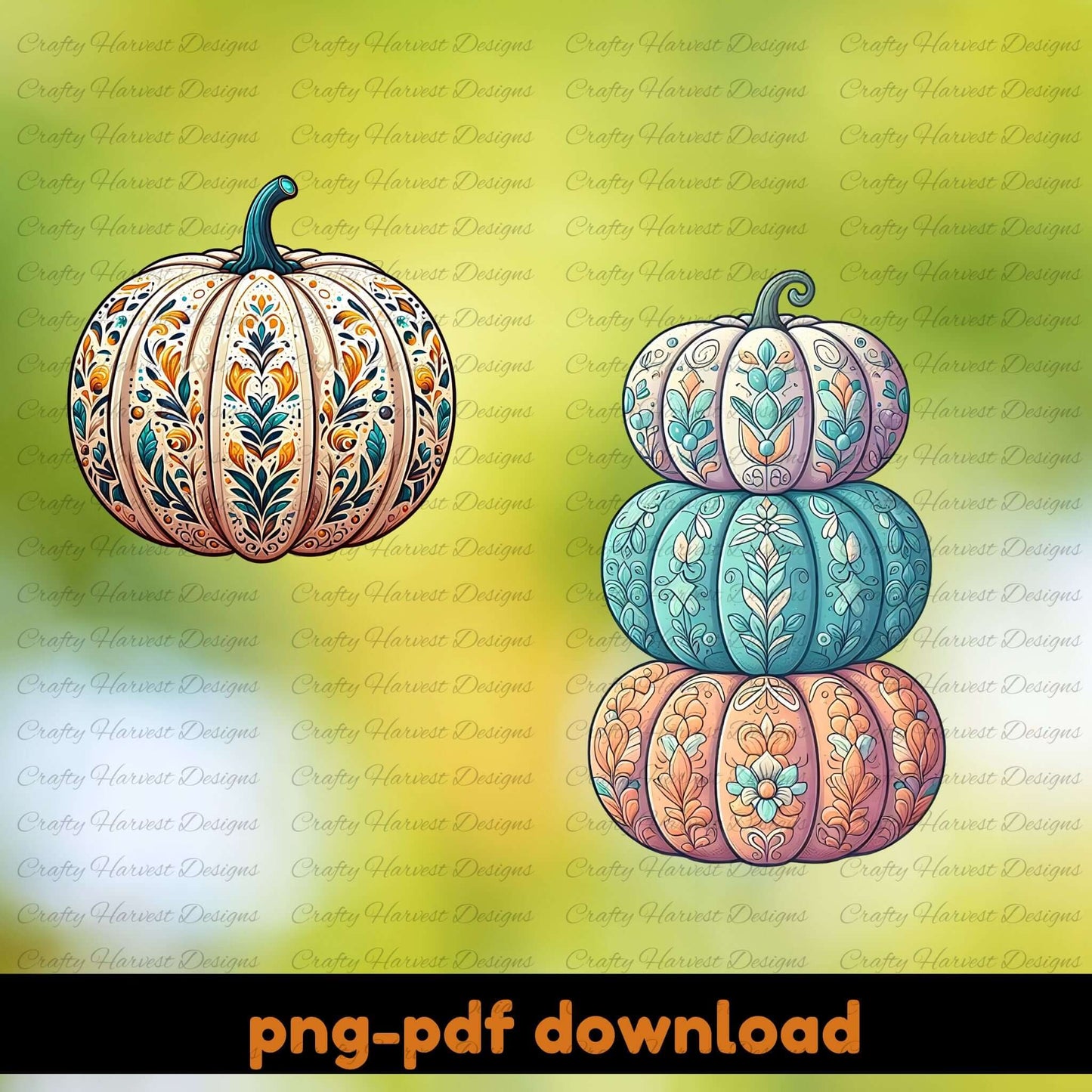 Decorative pumpkins with intricate patterns on a green background with 'Crafty Harvest Designs' text.