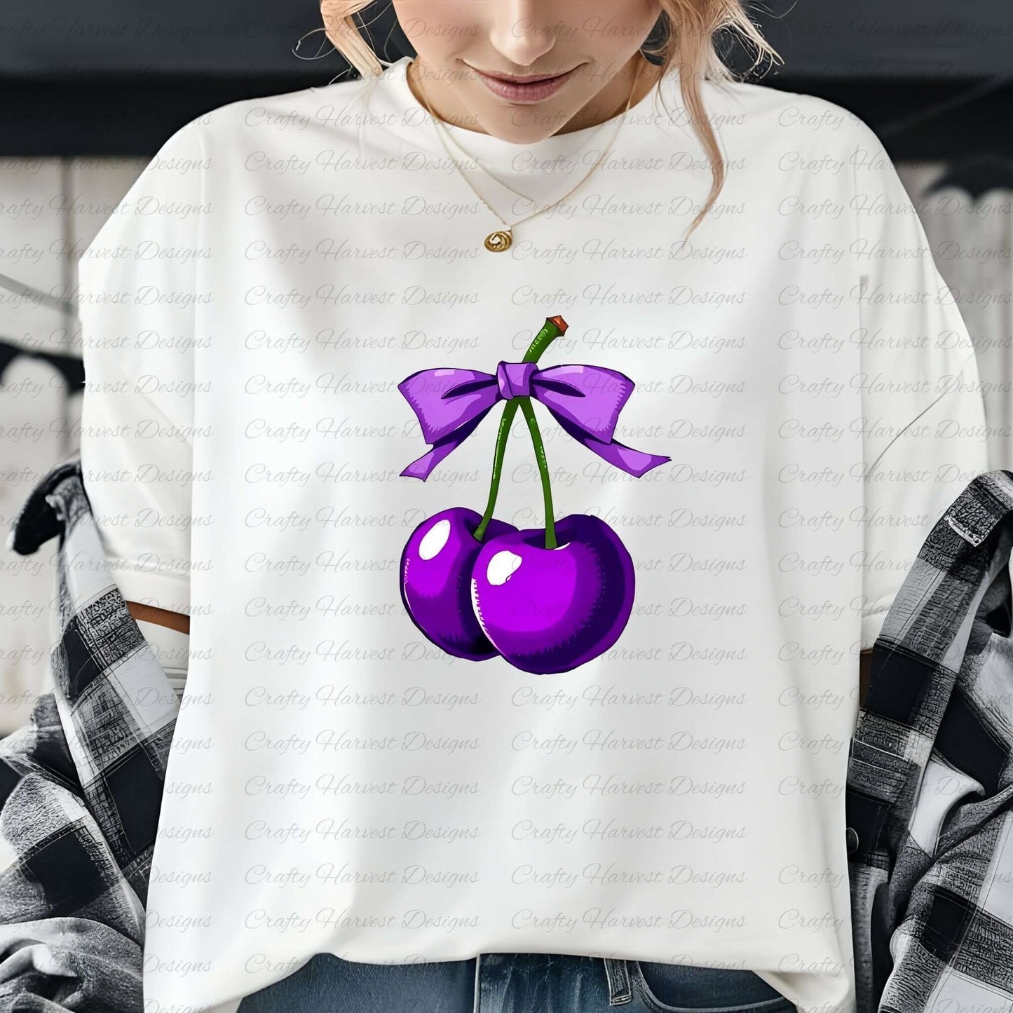 Purple cherry design with a matching bow displayed on a white t-shirt mockup. Perfect for digital crafting, sublimation, and custom apparel projects. Available in PNG and PDF formats for download.