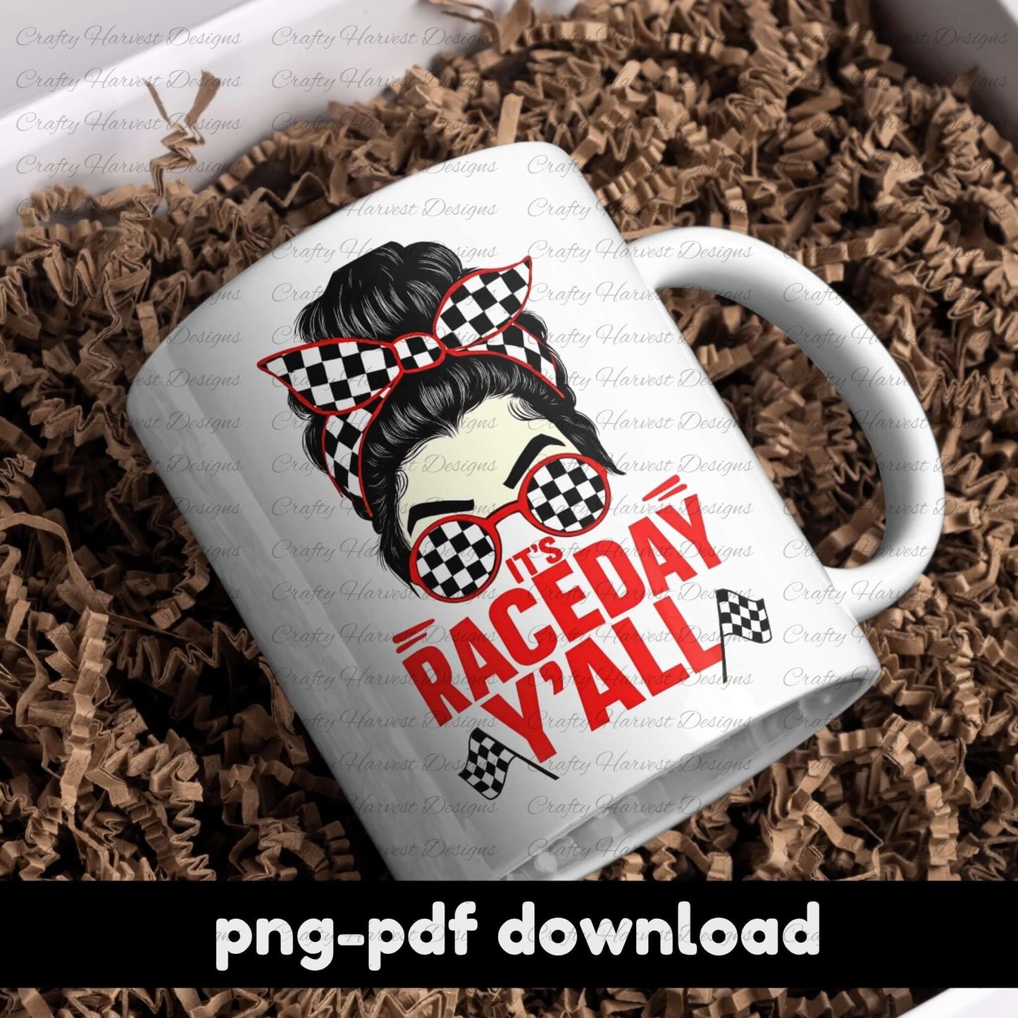 White coffee mug nestled in brown paper filler, featuring a red “It’s Raceday Y’all” design. The graphic includes a woman with a messy bun, checkered sunglasses, and a matching bandana. Text on the image reads “png-pdf download,” indicating it’s a digital file product.