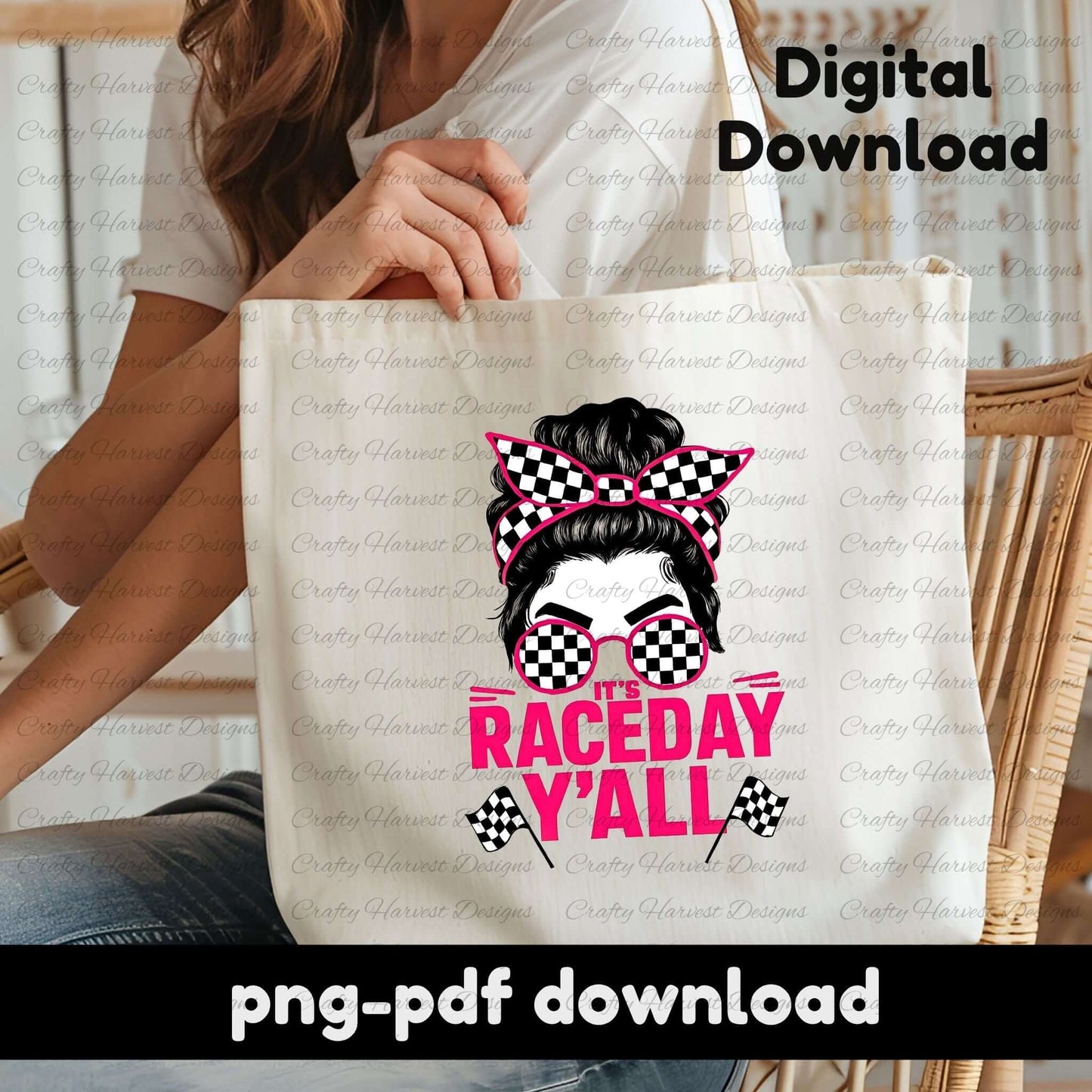 Woman holding a cream-colored tote bag featuring a hot pink “It’s Raceday Y’all” design. The graphic shows a woman with a messy bun, checkered sunglasses, and a matching bandana. Text on the image reads “Digital Download” and “png-pdf download,” indicating it’s a printable file product.