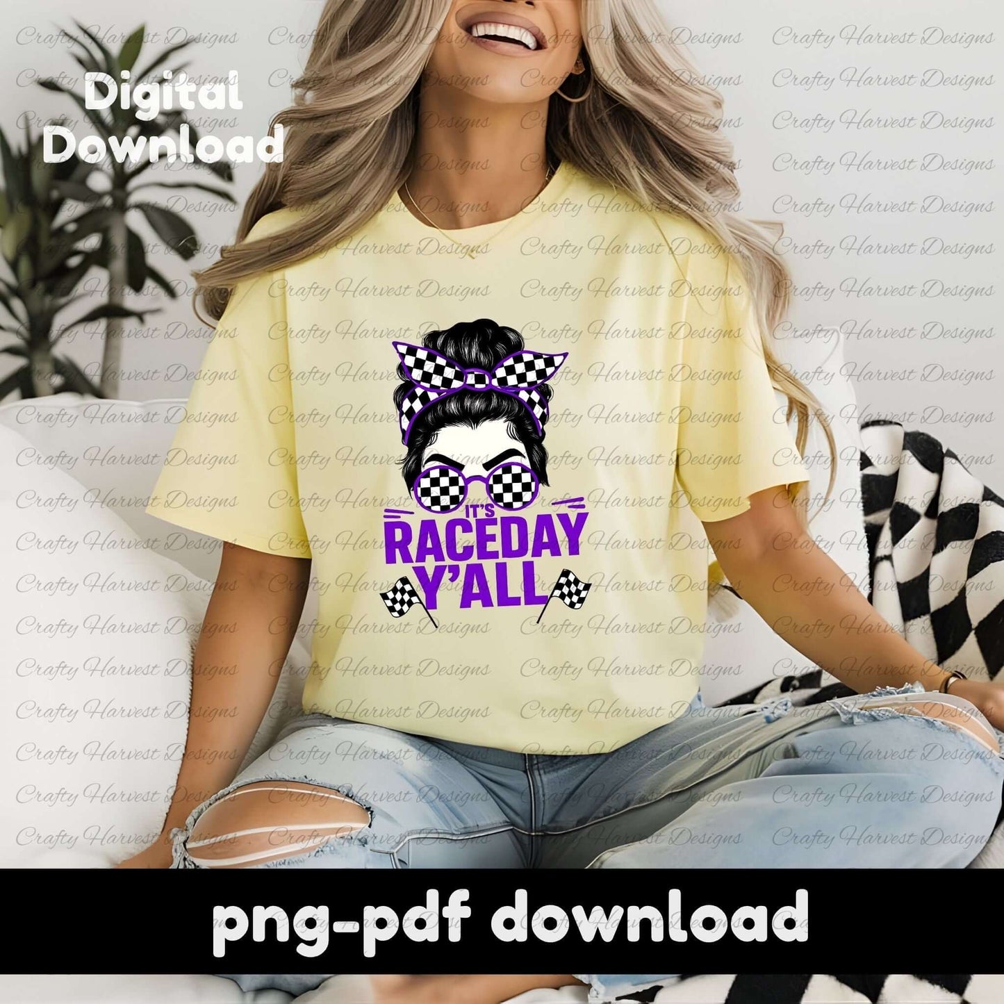Smiling woman wearing a yellow t-shirt featuring a “Raceday Y’all” digital design in purple. The design shows a woman with a messy bun, checkered sunglasses, and a matching checkered bandana. Text on the image reads “Digital Download,” indicating this is a printable design product.