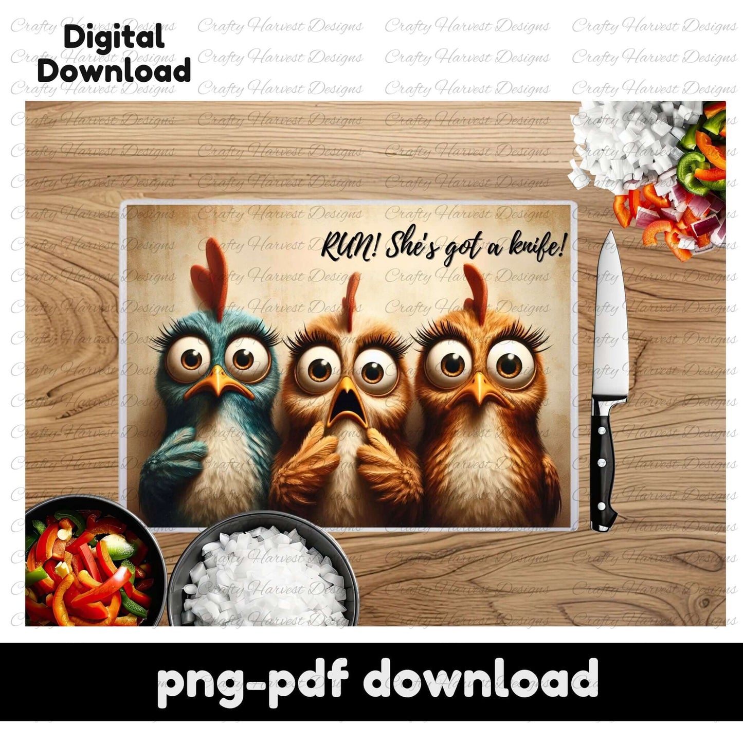 A humorous glass cutting board design featuring three wide-eyed, shocked chickens with the text “RUN! She’s got a knife!” in a playful font. The mockup includes a kitchen scene with a cutting board, knife, and ingredients.