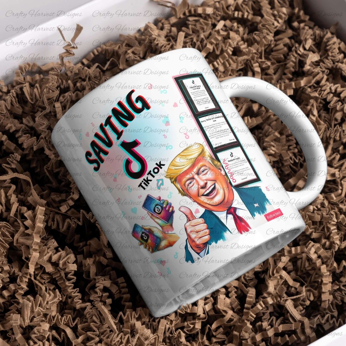 White ceramic mug featuring the ‘Saving TikTok’ digital design, showcasing bold text in TikTok-inspired colors, playful icons, hearts, and a humorous caricature of Donald Trump with a film strip highlighting TikTok’s reinstatement theme. Perfect for custom drinkware and social media enthusiasts.