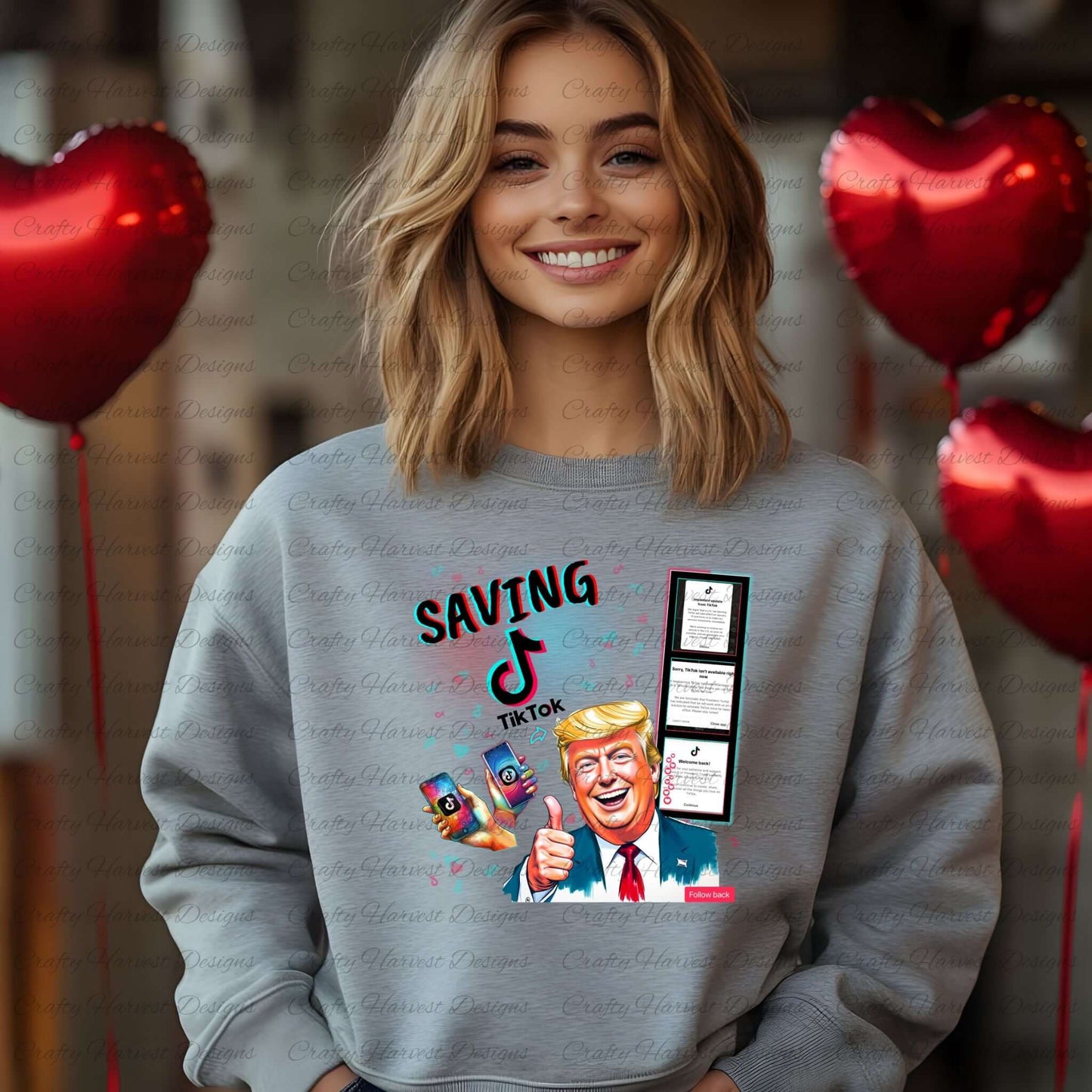 Model wearing a gray sweatshirt featuring the ‘Saving TikTok’ digital design, with bold text in TikTok-inspired colors, playful icons, hearts, and a humorous caricature of Donald Trump alongside a film strip representing TikTok’s reinstatement theme. Perfect for showcasing custom apparel for social media enthusiasts.