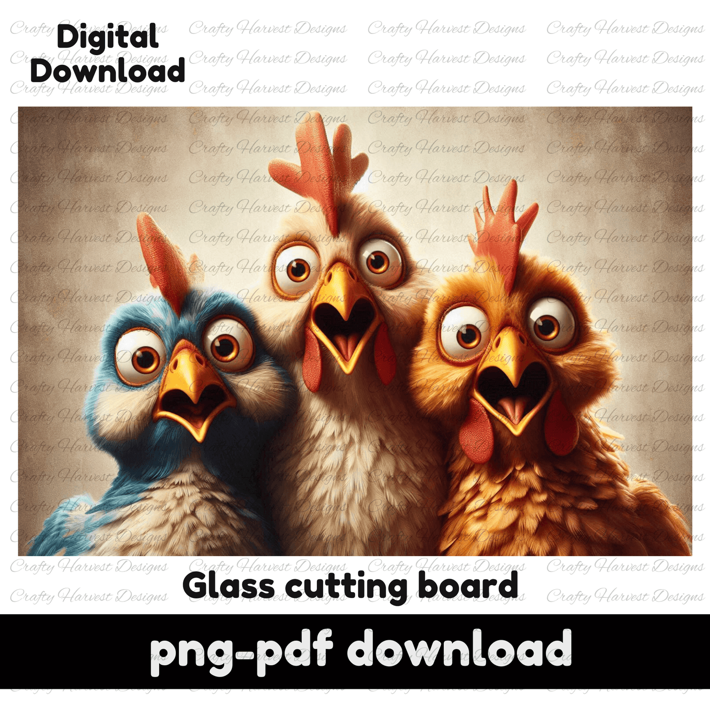 Shocked chickens design on a glass cutting board mockup with “Digital Download” text. png-pdf download.