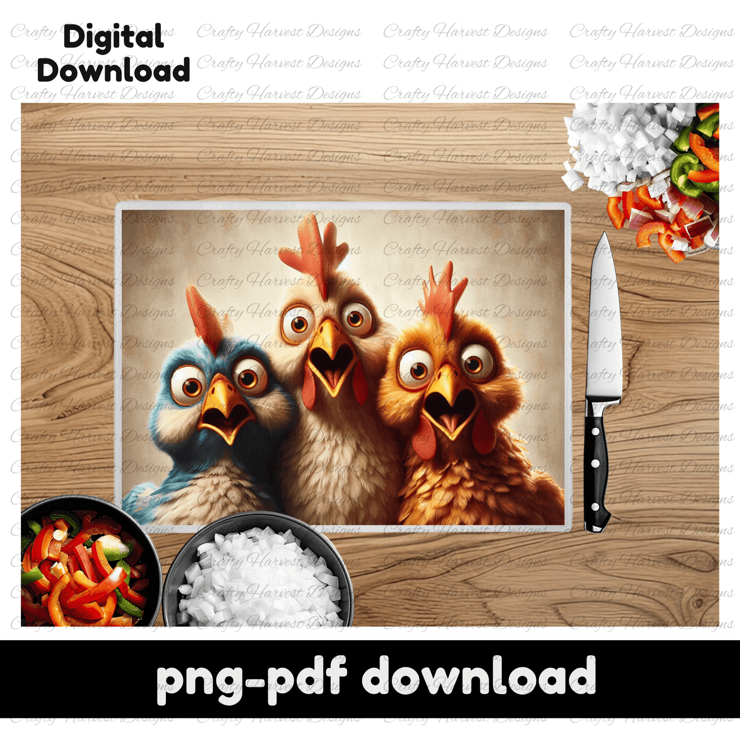Shocked chickens design on a glass cutting board mockup with “Digital Download” text. cutting board mockup