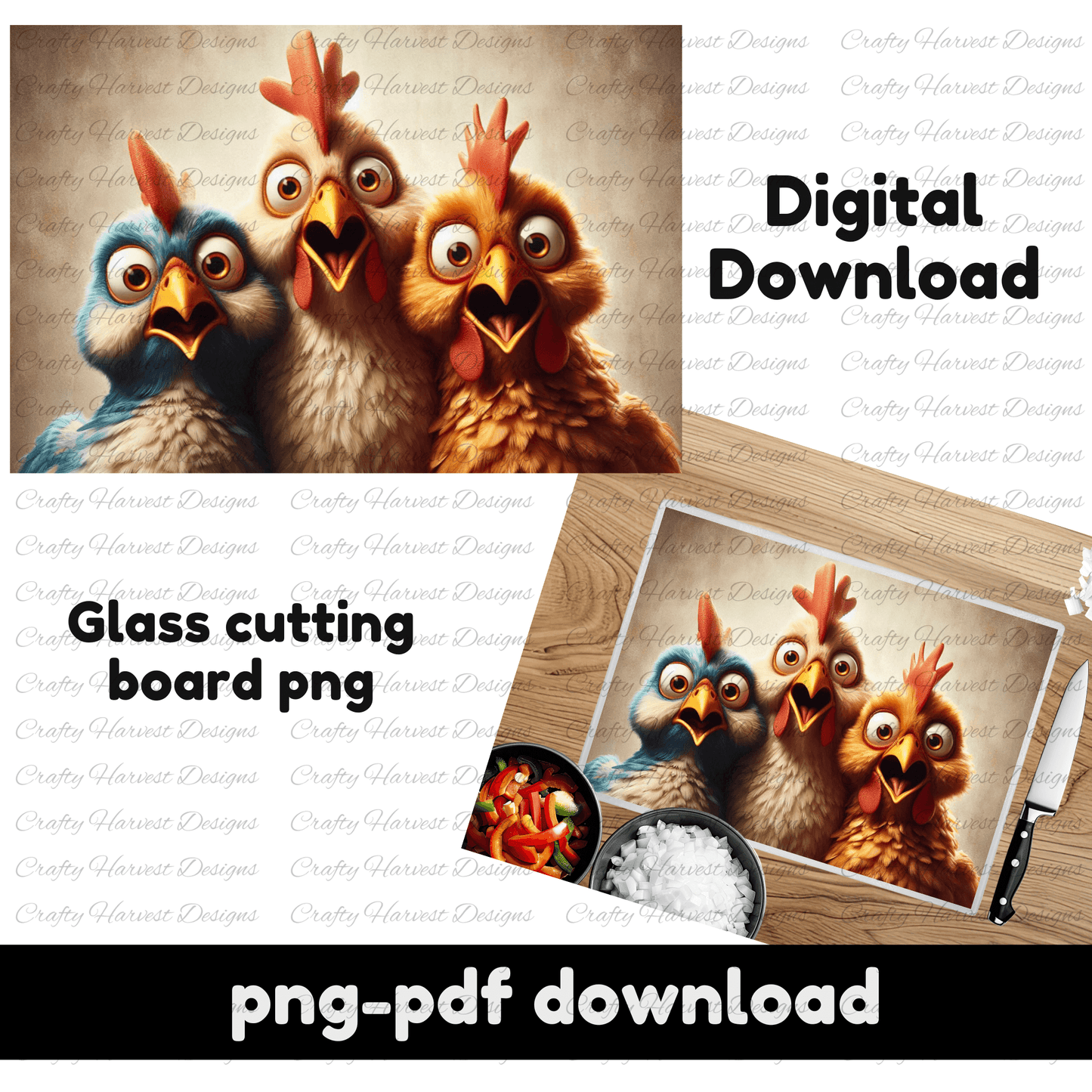 Shocked chickens design on a glass cutting board mockup with “Digital Download” text.