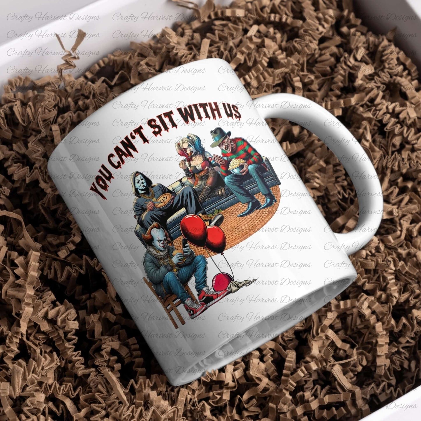 Mockup of the ‘You Can’t Sit With Us’ horror design featuring iconic characters lounging together on a coffee cup