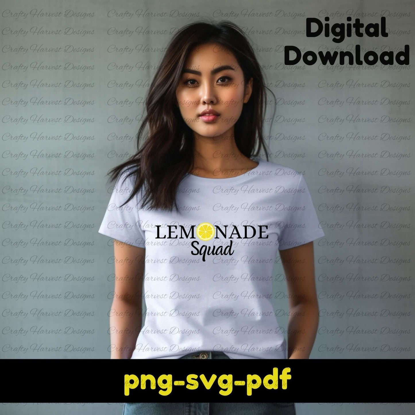 A woman wearing a light-colored t-shirt featuring the phrase “Lemonade Squad” in a stylish font. The letter “O” in “Lemonade” is replaced with a bright yellow lemon slice. The image promotes a digital download available in PNG, SVG, and PDF formats.