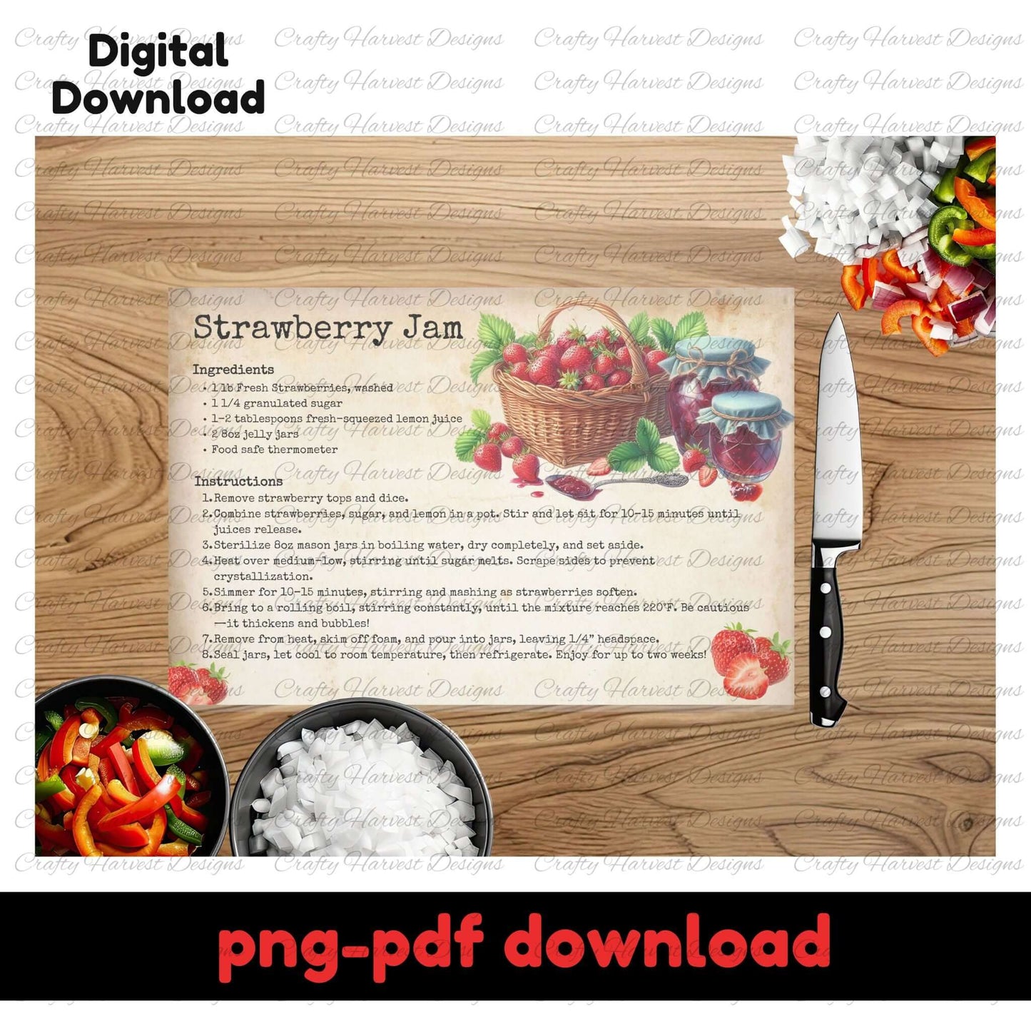 Rustic strawberry jam recipe digital download, designed for glass cutting boards or kitchen decor. Features vintage-style illustrations of fresh strawberries and jam jars with a timeless recipe.