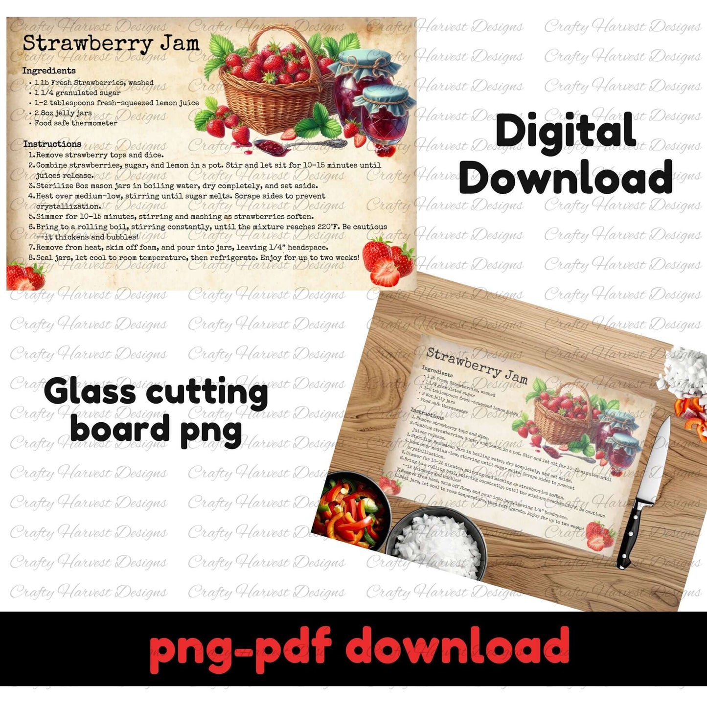Digital download of a vintage strawberry jam recipe with illustrations of fresh strawberries and jam jars. Shown as a printable design and on a glass cutting board mockup. Includes PNG and PDF formats.