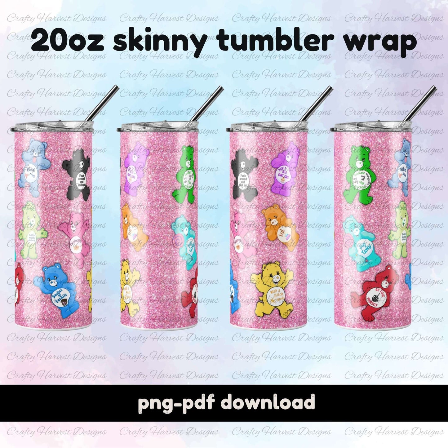 Four 20oz skinny tumbler mockups featuring the Swear Bears design with colorful bears and funny sayings on a pink glitter background. Includes phrases like “Fuck Around and Find Out” and “Wish a Bitch Would.”
