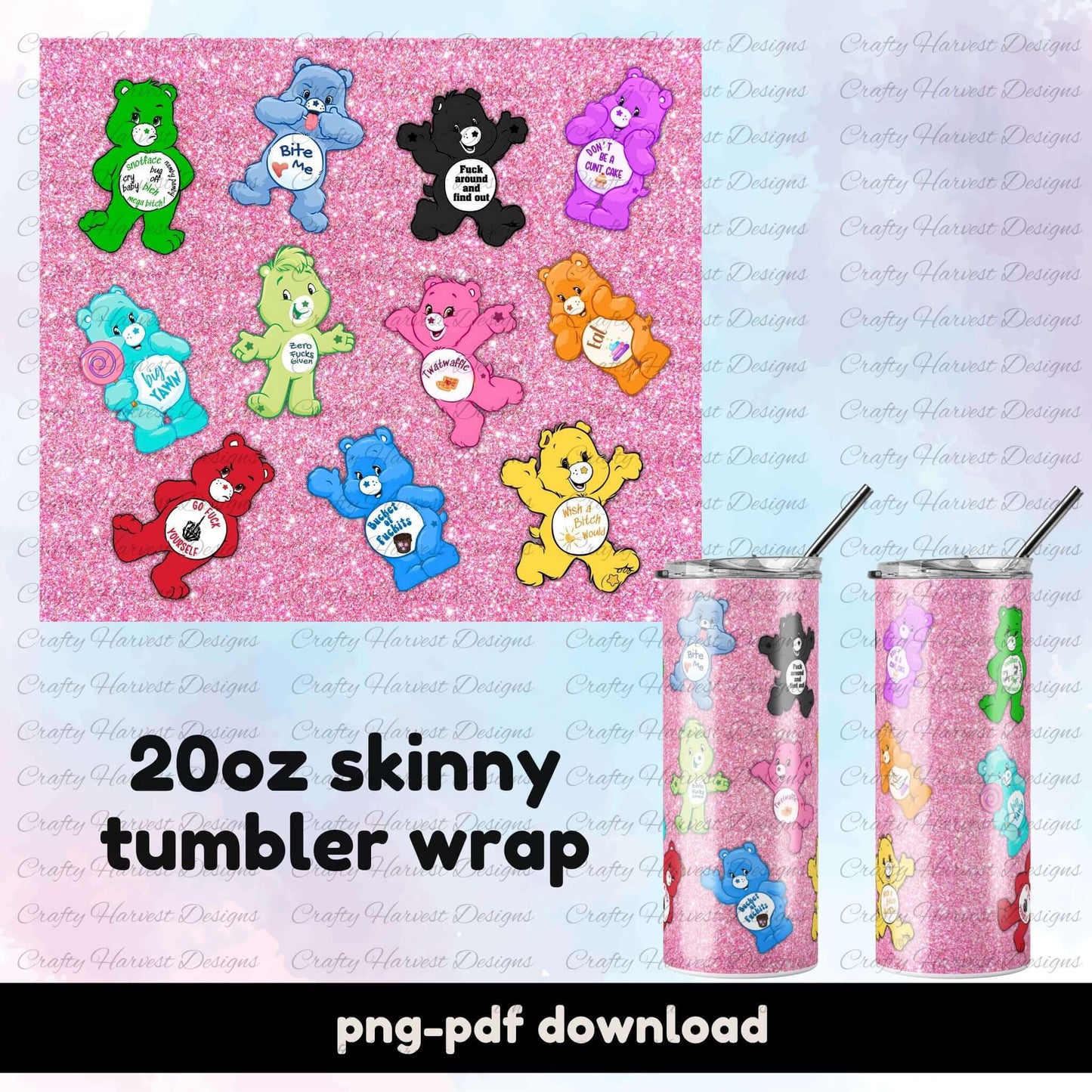 Swear Bears tumbler wrap featuring colorful bears with sassy sayings like “Fuck Around and Find Out” and “Twatwaffle” on a pink glitter background, with mockups of 20oz skinny tumblers.