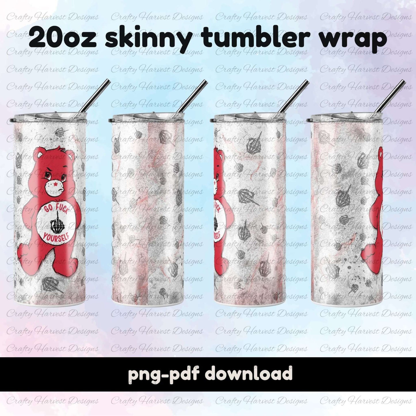 Four mockups of 20oz skinny tumblers featuring the red Swear Bear design with the phrase “Go Fuck Yourself” on a distressed background with middle finger graphics.