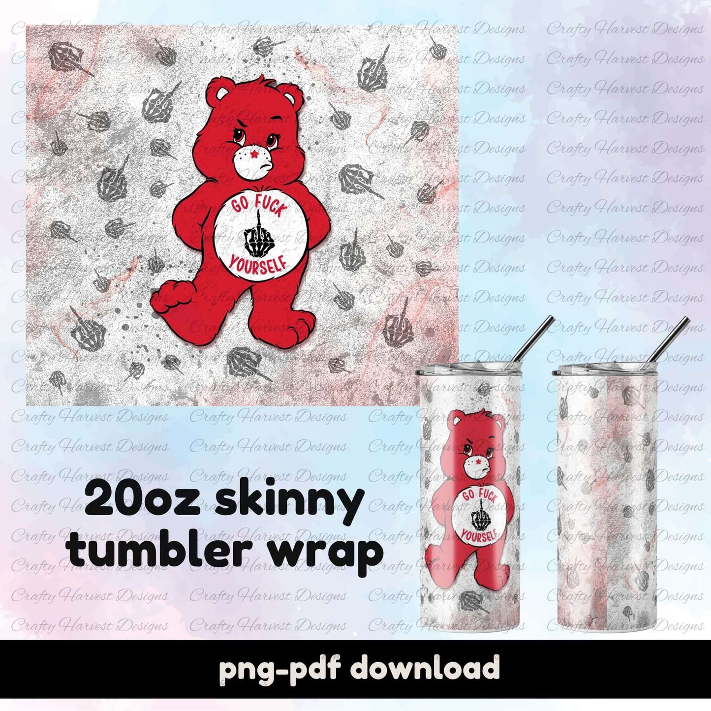 Red Swear Bear digital tumbler wrap featuring a bold bear with the phrase “Go Fuck Yourself” on a distressed background with middle finger graphics. Designed for 20oz skinny tumblers.