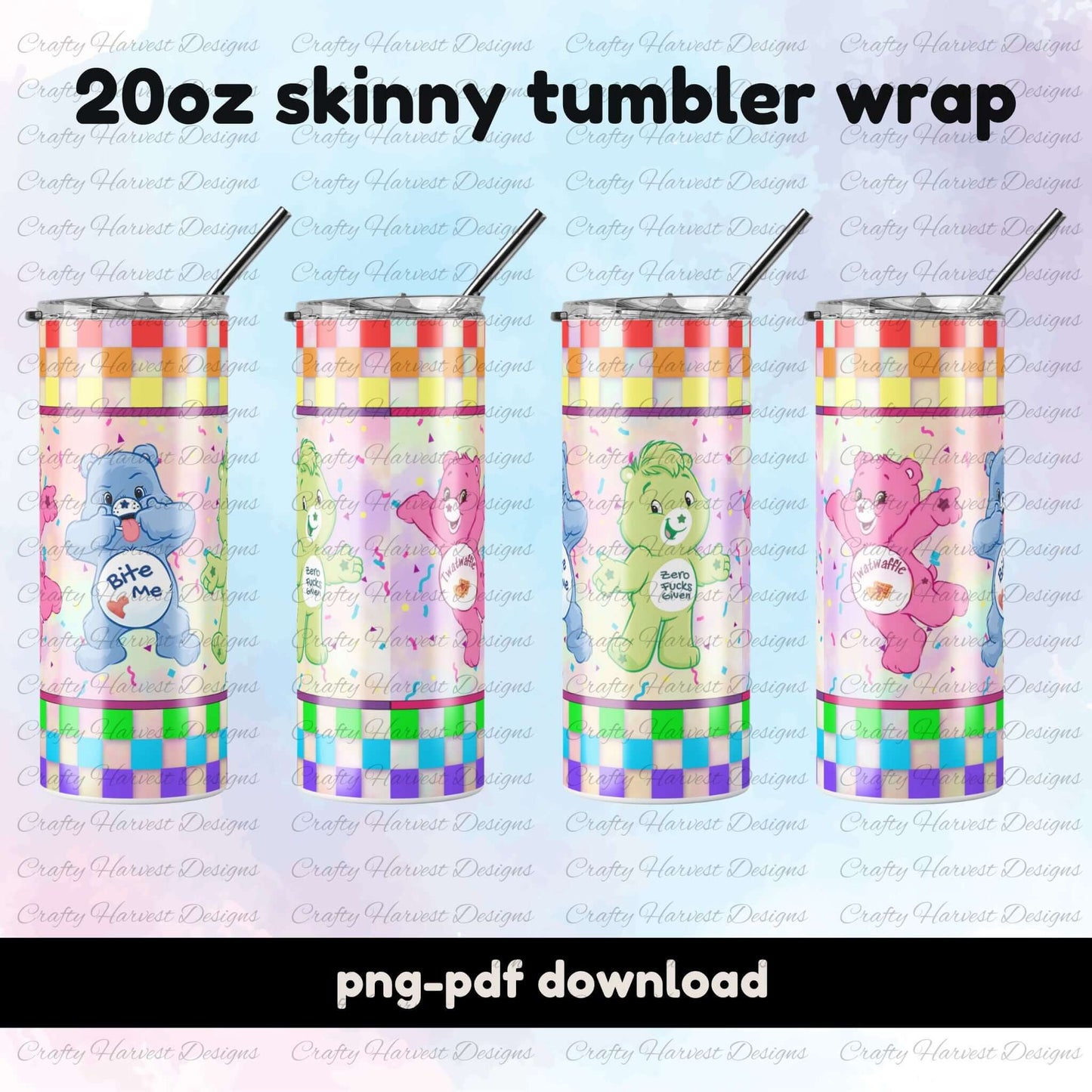 Four mockups of 20oz skinny tumblers featuring the retro Swear Bears design with colorful bears and bold phrases like “Bite Me,” “Zero Fucks Given,” and “Twatwaffle” on a festive checkered background.