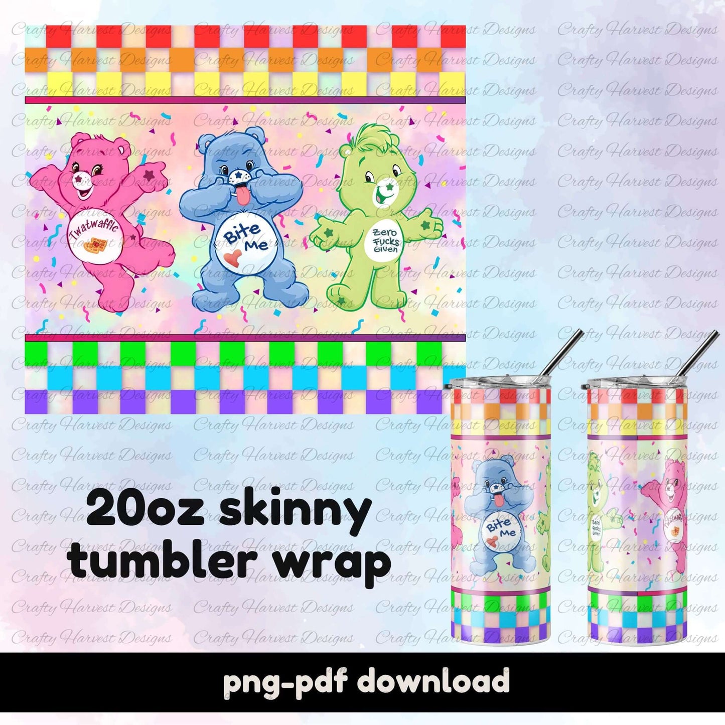 Retro Swear Bears tumbler wrap with a colorful checkered background and bears featuring phrases like “Twatwaffle,” “Bite Me,” and “Zero Fucks Given.” Designed for 20oz skinny tumblers.