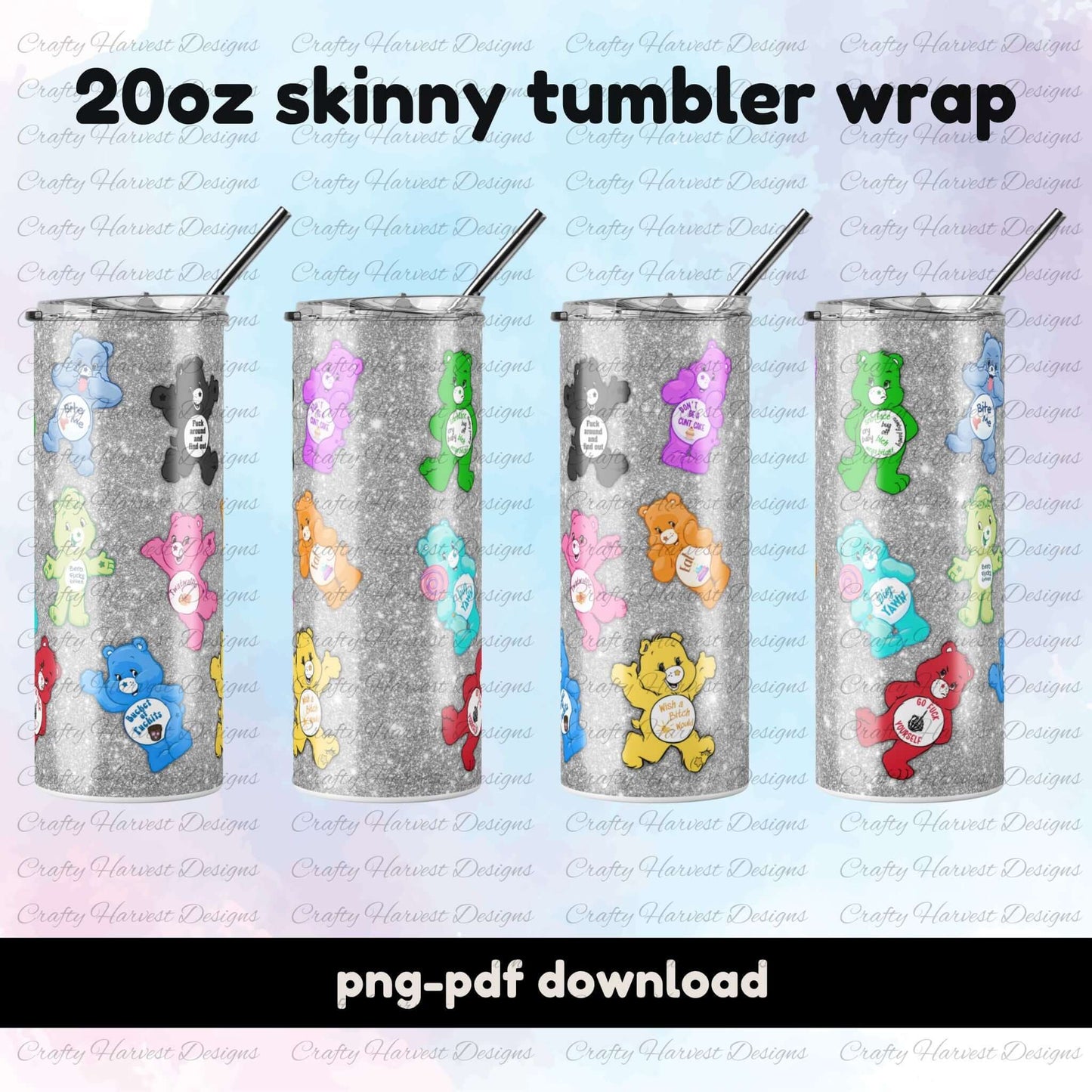 Four mockups of 20oz skinny tumblers featuring the silver glitter Swear Bears wrap with colorful bears and phrases like “Go Fuck Yourself,” “Bite Me,” and “Wish a Bitch Would.”