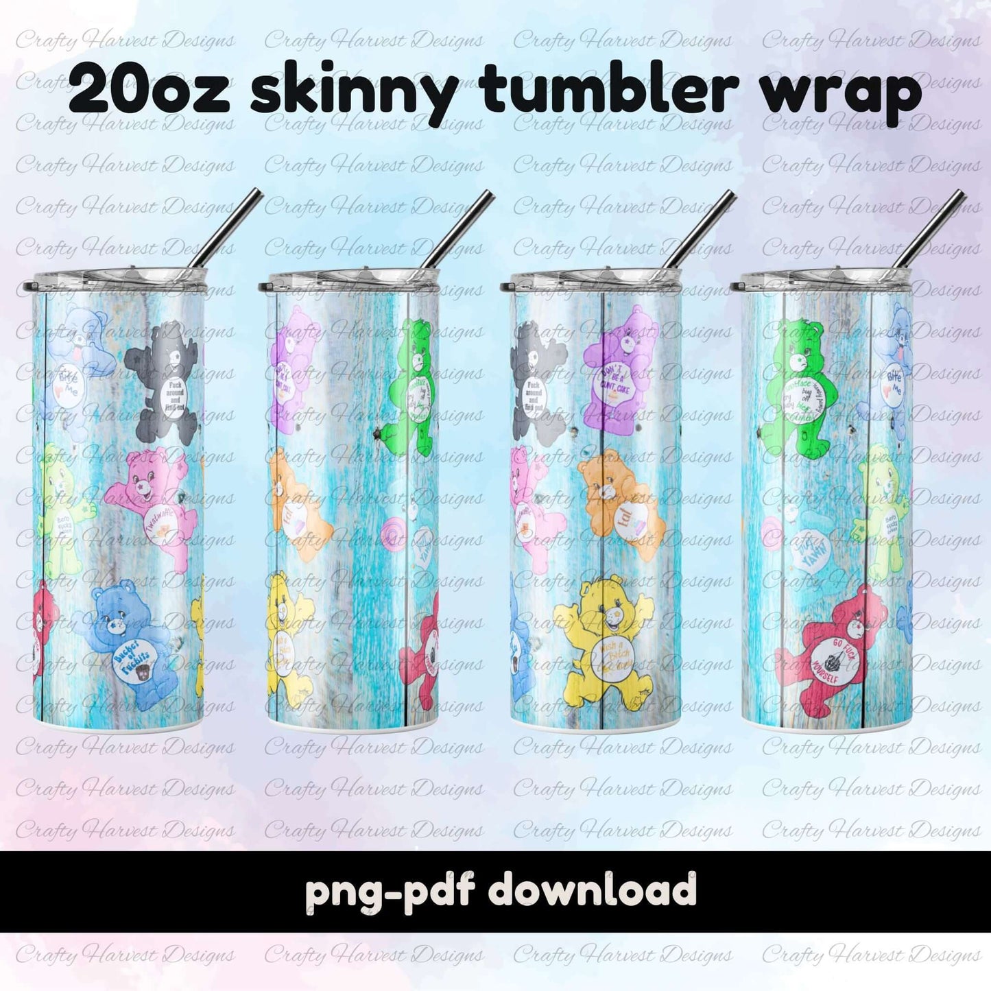 Swear Bears 20oz tumbler wrap design showing four different views