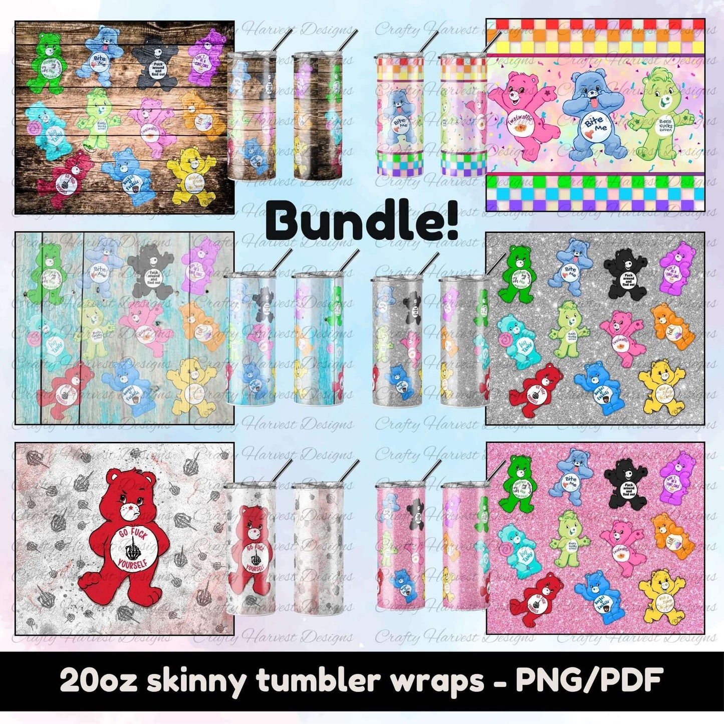Swear Bears tumbler wrap bundle featuring six different designs for 20oz skinny tumblers, including rustic wood, glitter, and retro checkered backgrounds. Each design showcases colorful bears with bold phrases like “Bite Me,” “Go Fuck Yourself,” and “Twatwaffle.”