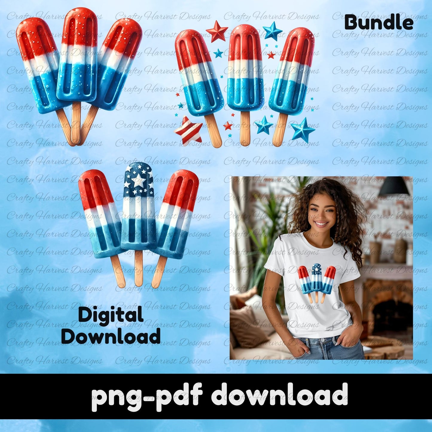 Digital mockup showcasing a 3-design patriotic popsicle bundle in red, white, and blue. Includes high-resolution images of popsicle-themed artwork displayed on a t-shirt worn by a smiling woman. Text reads “Digital Download” and “png-pdf download,” indicating instant file availability.
