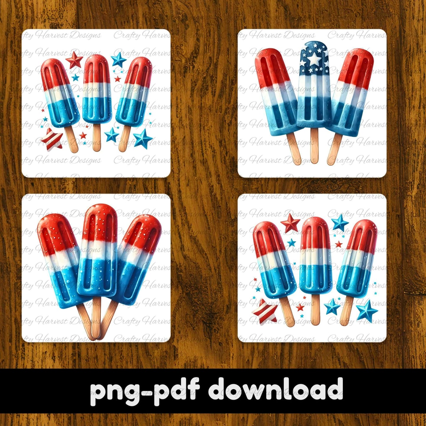 Four square coasters displayed on a wooden surface, each featuring red, white, and blue patriotic popsicle designs in various arrangements. Decorative elements like stars and flags surround the popsicles. Text at the bottom reads “png-pdf download,” indicating a digital product.