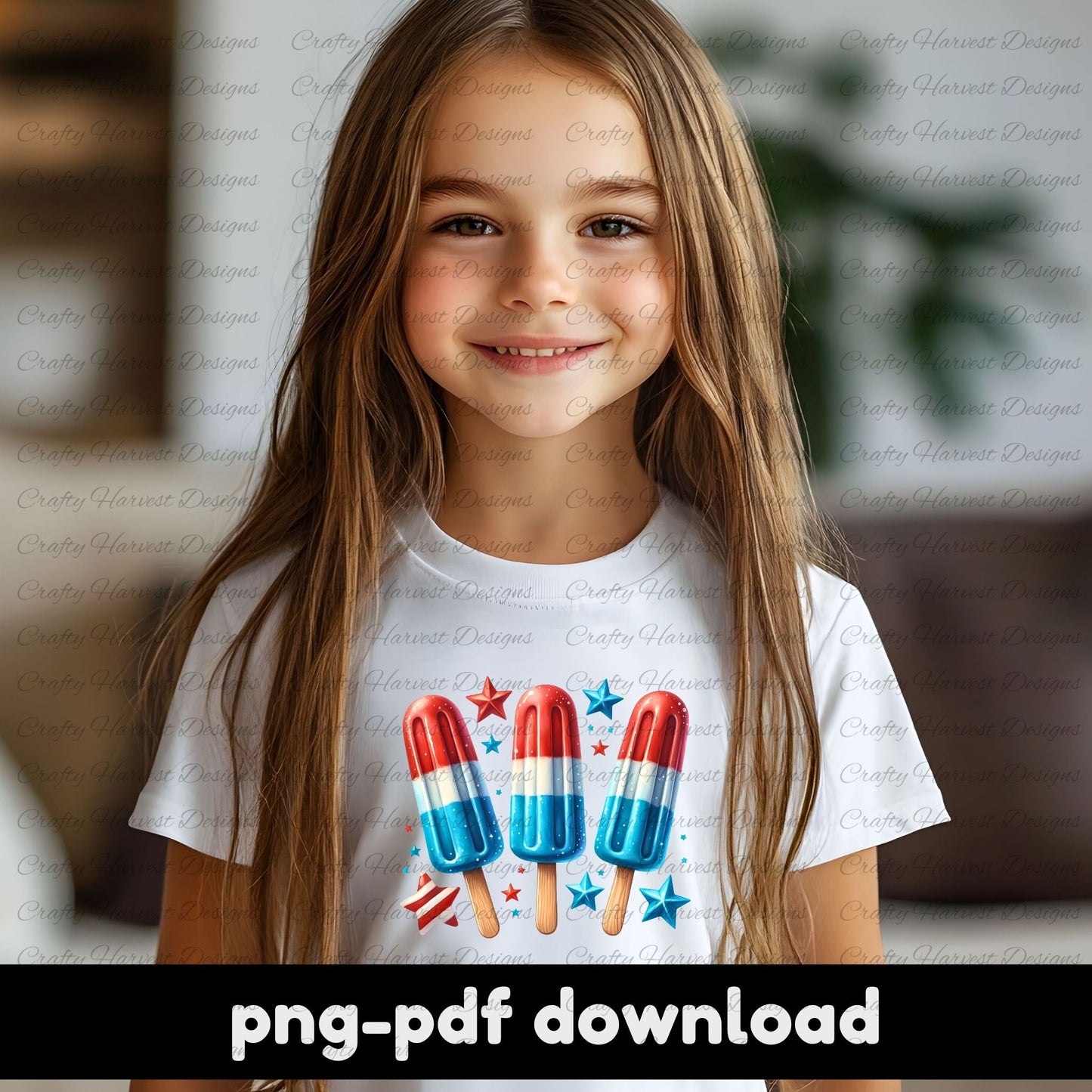 Smiling young girl wearing a white t-shirt featuring a digital design of three red, white, and blue popsicles with decorative stars and a mini flag. The text “png-pdf download” appears below, indicating the product is a digital file.