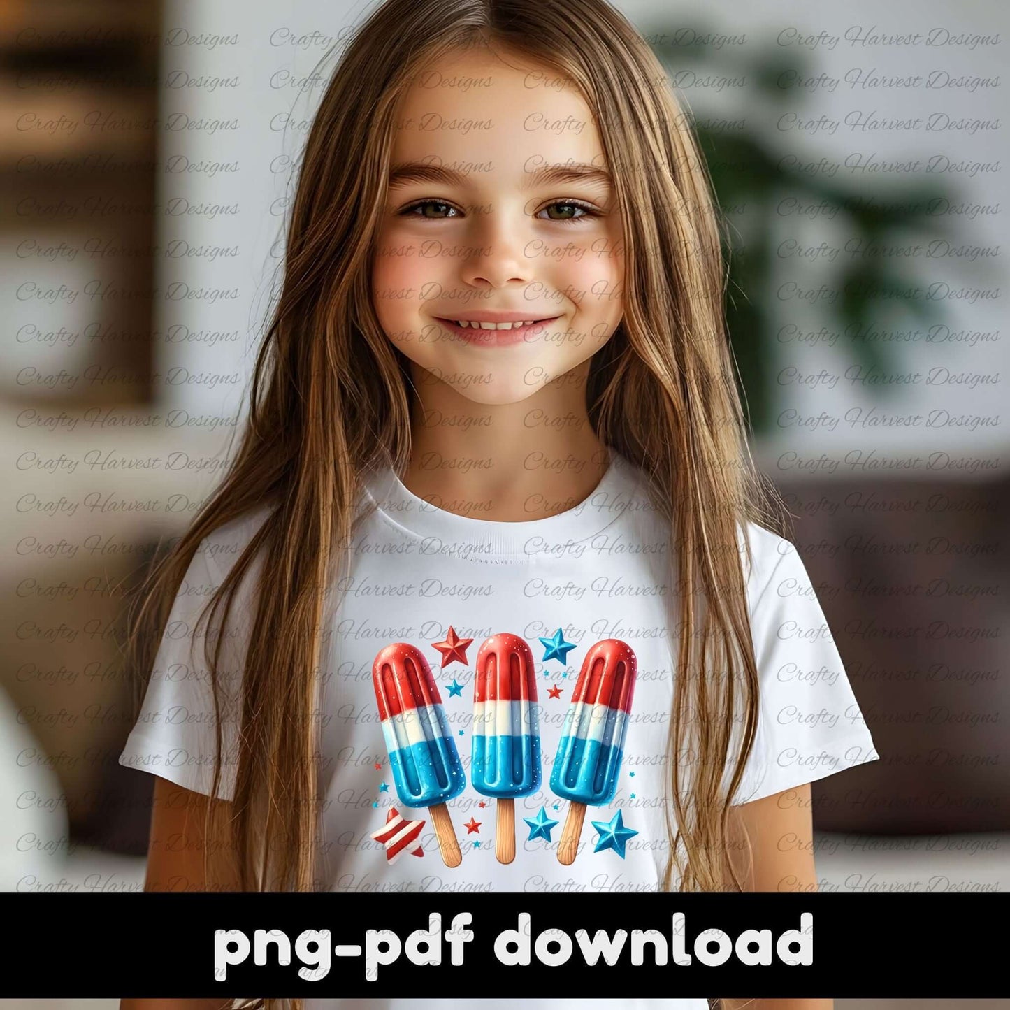 Smiling young girl wearing a white t-shirt featuring a digital design of three red, white, and blue popsicles with decorative stars and a mini flag. The text “png-pdf download” appears below, indicating the product is a digital file.