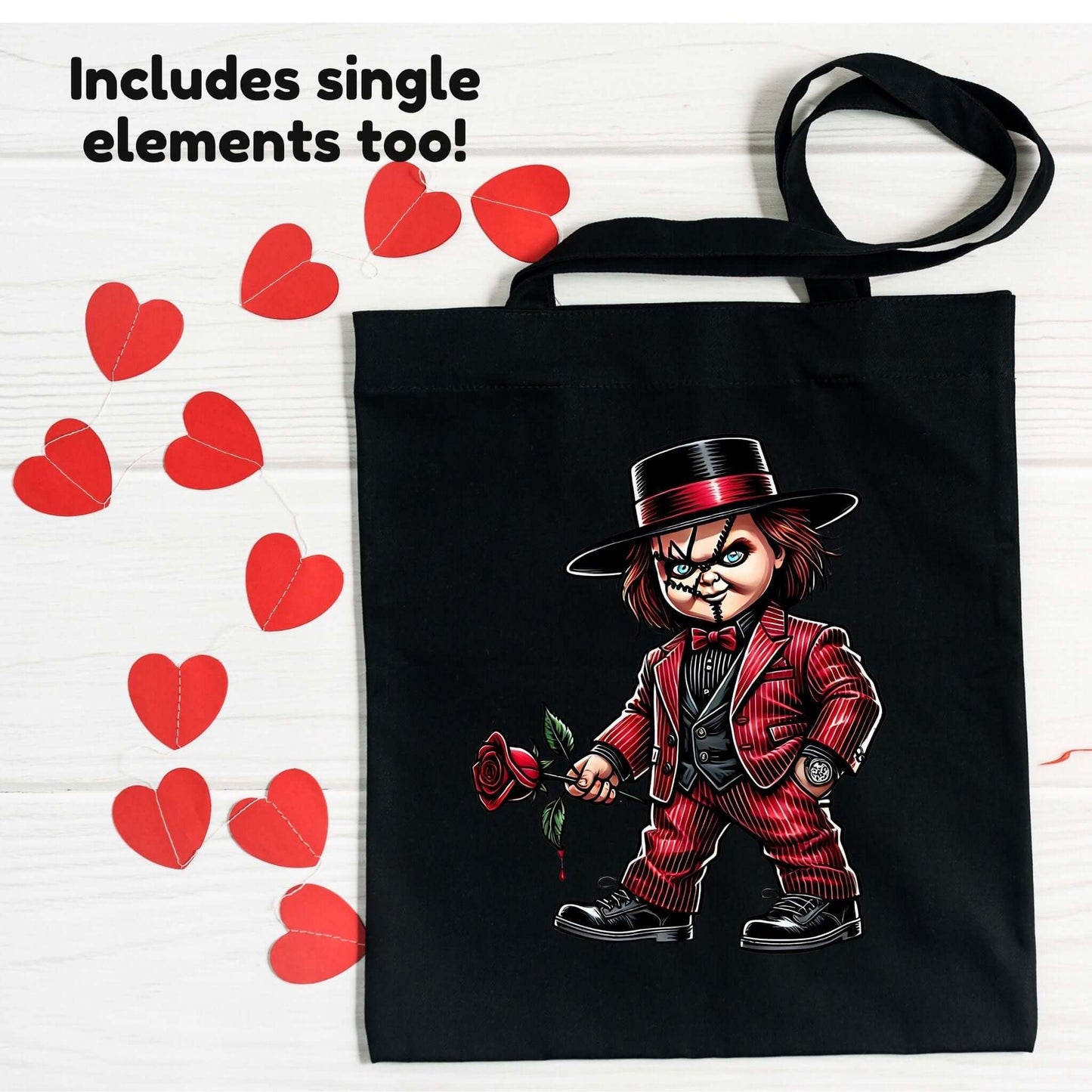 Black tote bag featuring a single horror-themed Valentine’s Day character in a red suit, holding a dripping rose. Text reads “Includes single elements too!” with red heart decorations in the background.