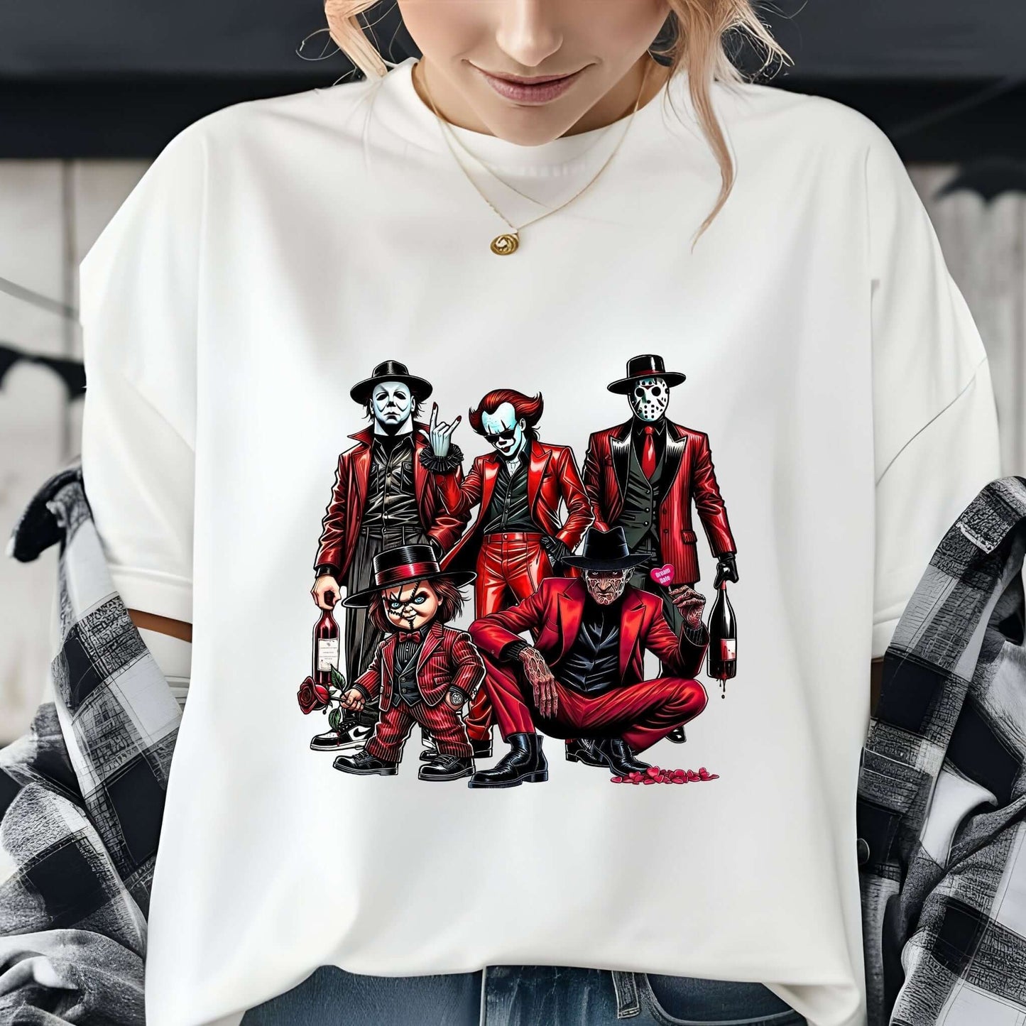 Close-up of a white t-shirt featuring a horror-themed Valentine’s Day design. The design shows a group of iconic horror characters dressed in red suits, holding roses and wine bottles, with a spooky and stylish appearance.