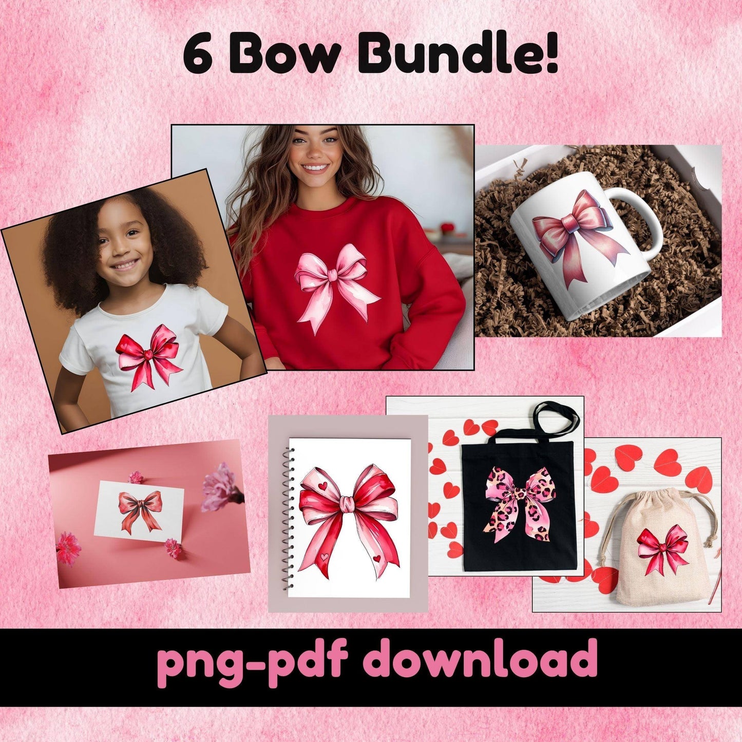 Watercolor Bow Bundle │ 6 Valentine’s Day Digital Bows │ PNG & PDF Download - Crafty Harvest Designs