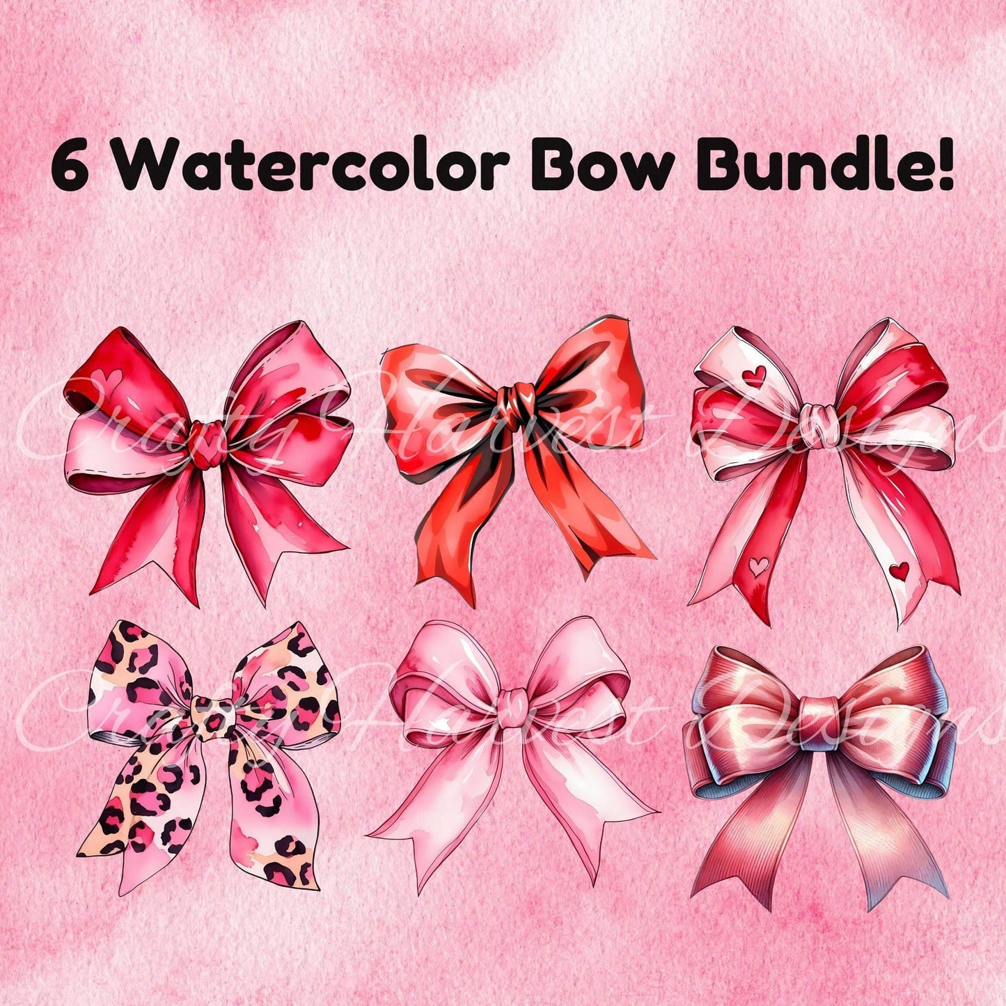 Watercolor Bow Bundle │ 6 Valentine’s Day Digital Bows │ PNG & PDF Download - Crafty Harvest Designs
