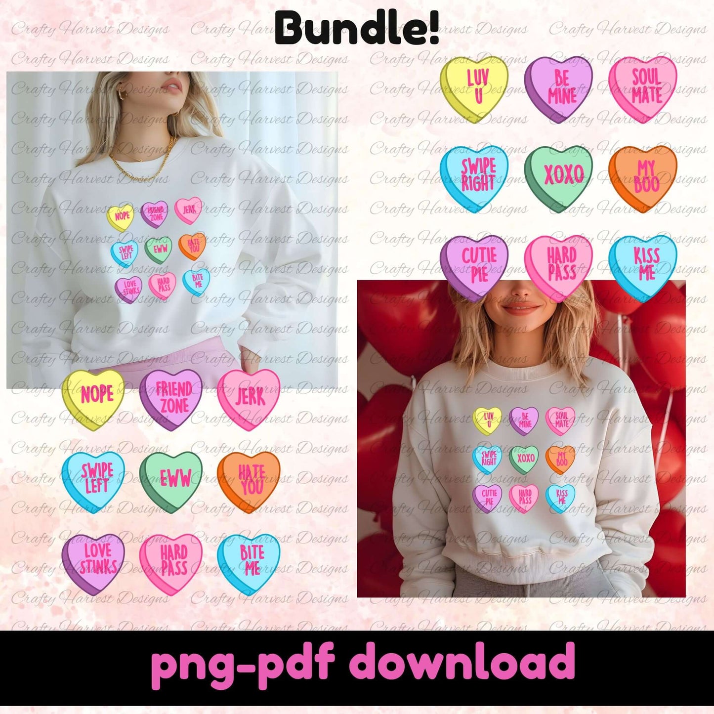 Conversation Heart Shirt Design Bundle featuring two designs — one traditional with love-themed messages like “Be Mine” and “XOXO,” and one playful anti-Valentine version with sayings like “Hard Pass” and “Friend Zone.” Includes colorful heart graphics on mockup sweatshirts, with PNG and PDF files available for download. Perfect for Valentine’s Day shirts and DIY gifts.