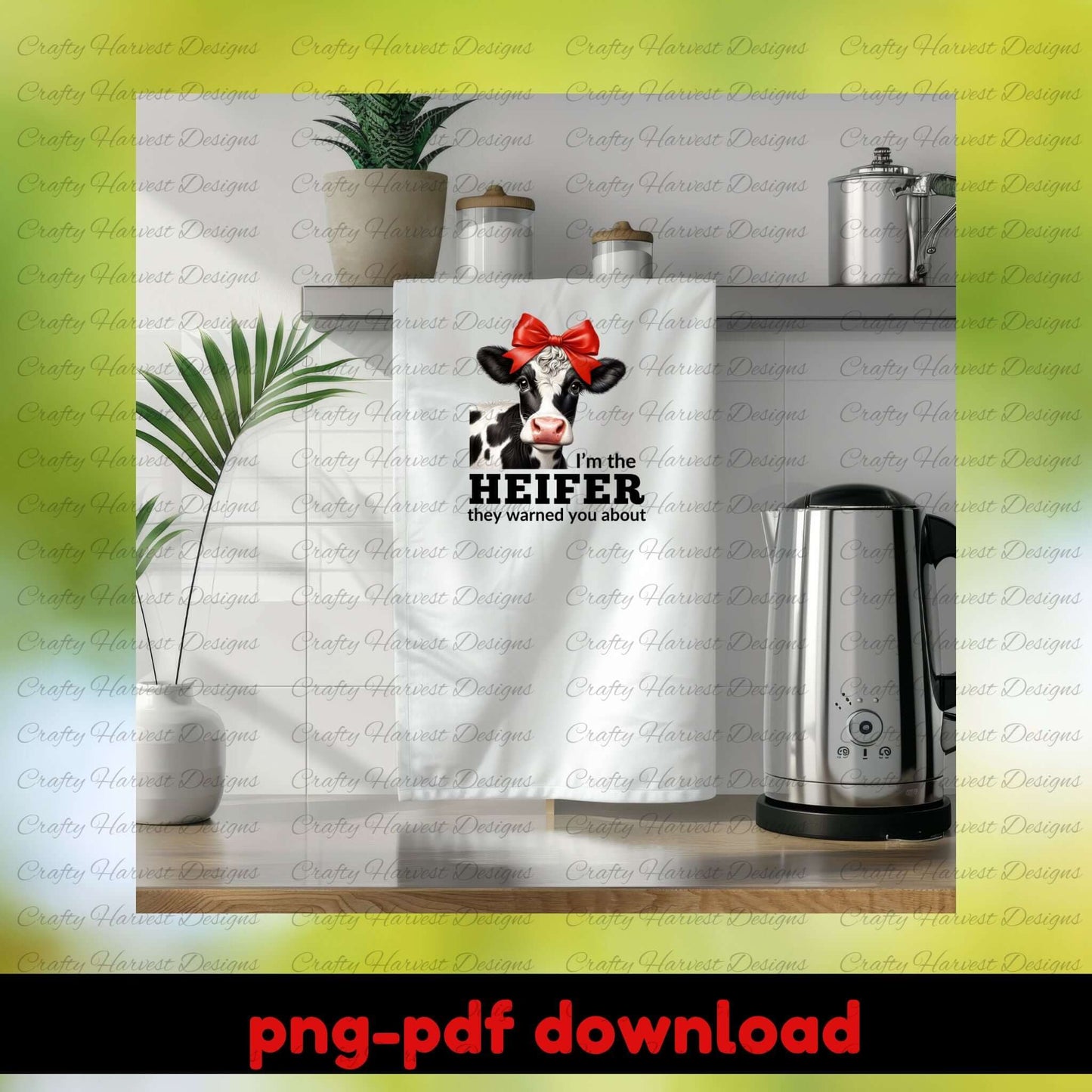 Tea towel with cow design and text on a kitchen counter