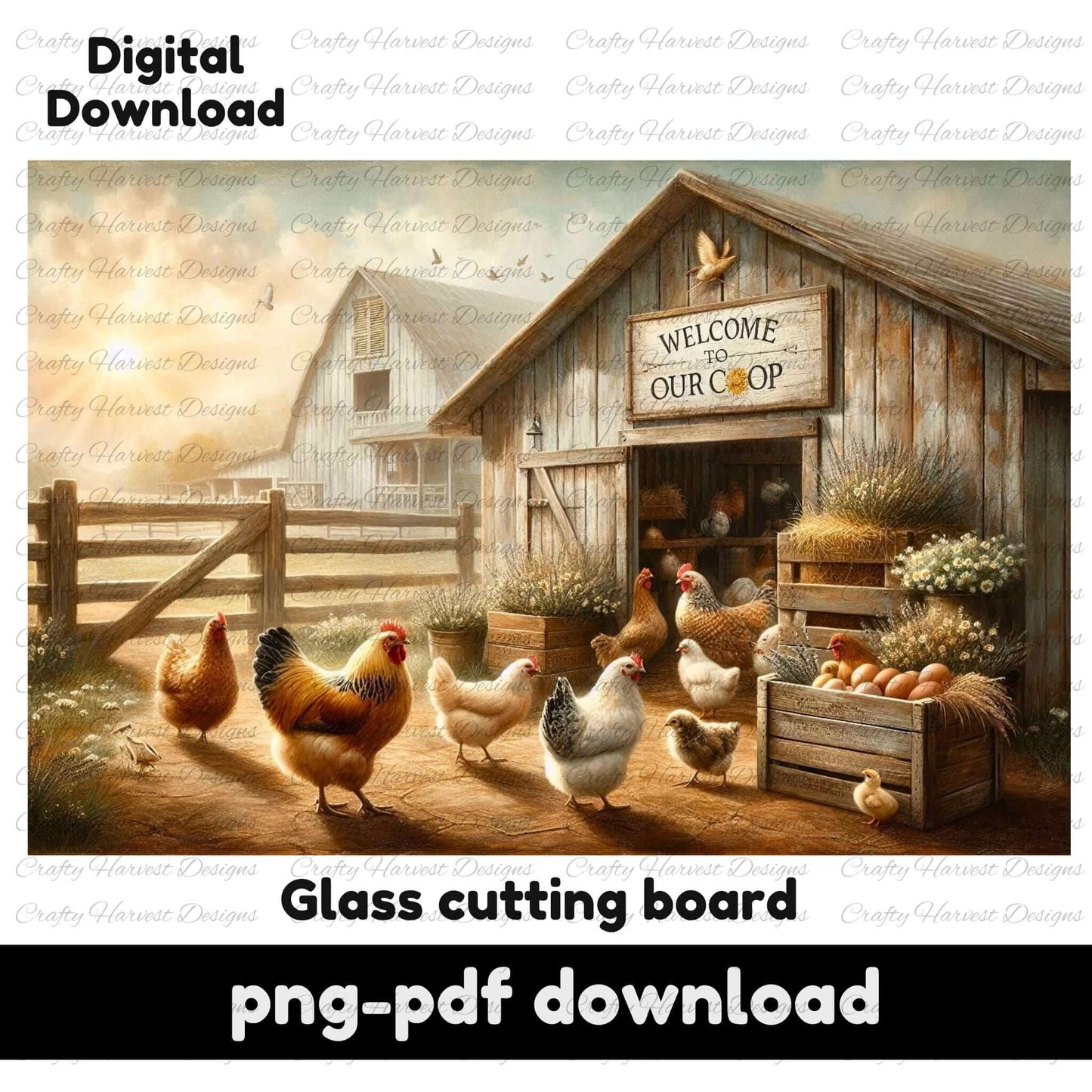 Farmhouse-style image of a wooden chicken coop with a ‘Welcome to Our Coop’ sign. Chickens gather near crates of eggs and plants. The design is shown on a glass cutting board mockup with a wooden countertop, chopped veggies, rice, and a knife. Text reads ‘Digital Download,’ ‘Glass Cutting Board PNG,’ and ‘PNG-PDF Download.’”