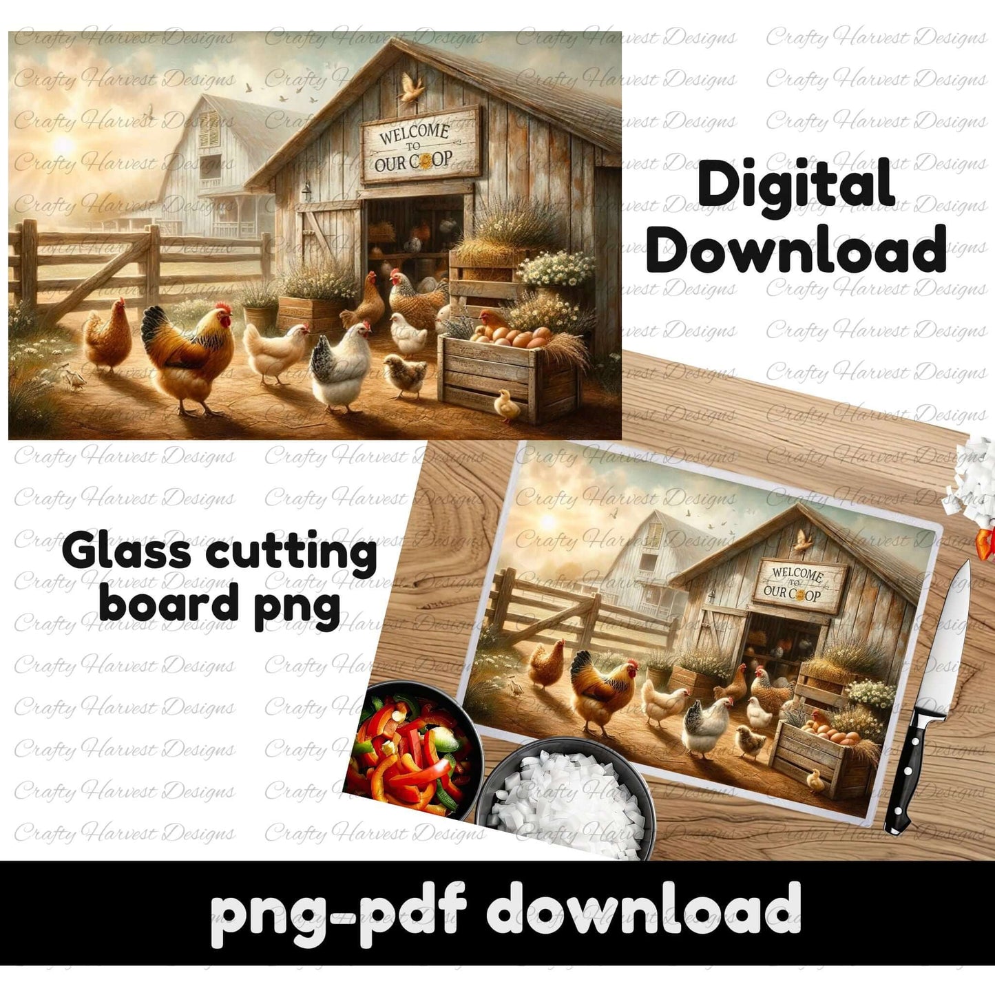 Farmhouse-style image of a wooden chicken coop with a ‘Welcome to Our Coop’ sign. Chickens gather near crates of eggs and plants. The design is shown on a glass cutting board mockup with a wooden countertop, chopped veggies, rice, and a knife. Text reads ‘Digital Download,’ ‘Glass Cutting Board PNG,’ and ‘PNG-PDF Download.’