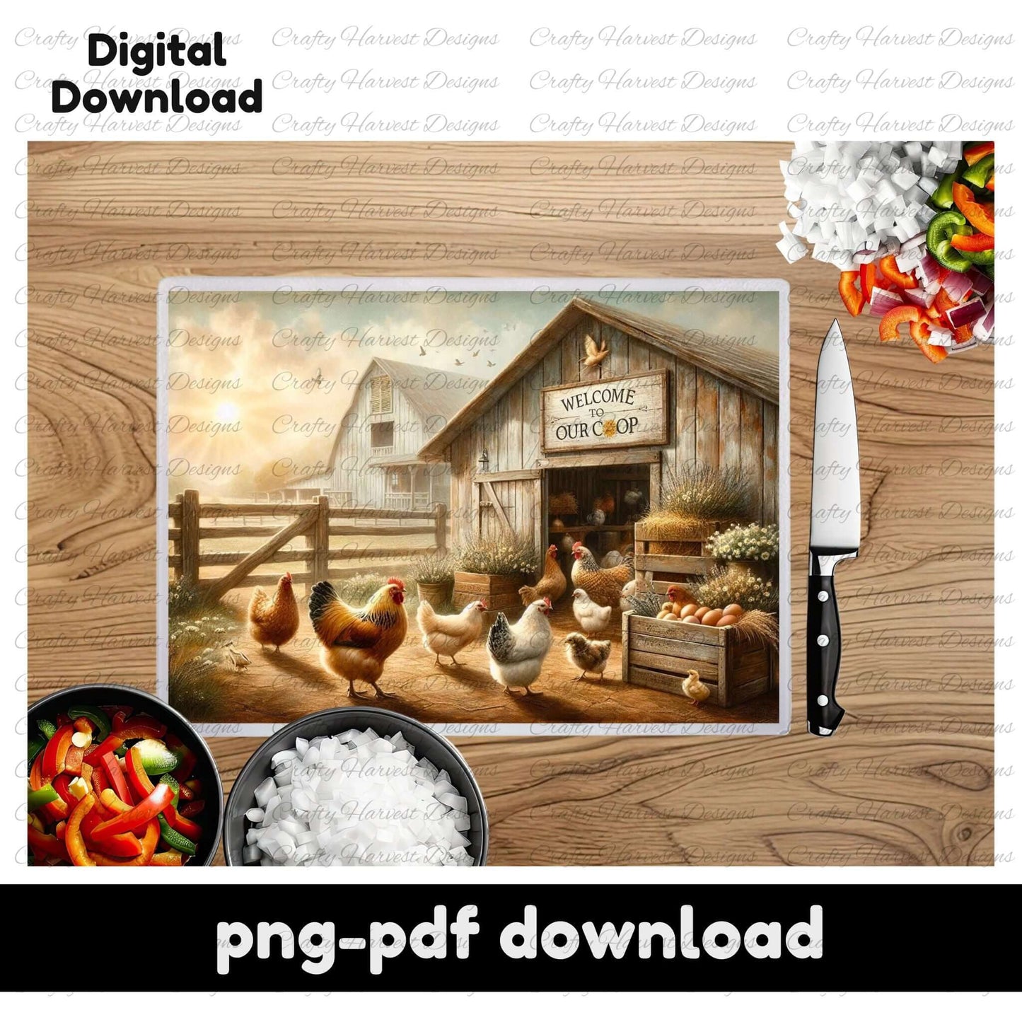 Farmhouse-style image of a wooden chicken coop with a ‘Welcome to Our Coop’ sign. Chickens gather near crates of eggs and plants. The design is shown on a glass cutting board mockup with a wooden countertop, chopped veggies, rice, and a knife. Text reads ‘Digital Download,’ ‘Glass Cutting Board PNG,’ and ‘PNG-PDF Download.’”