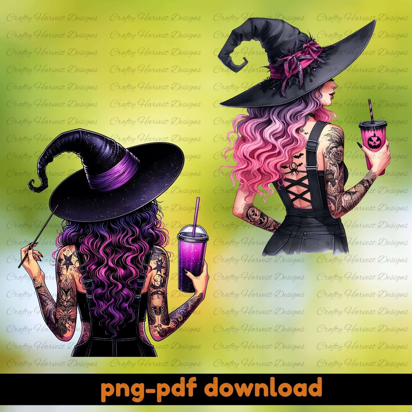 Two witches with tattoos holding drinks on a gradient background with 'Crafty Harvest Designs' watermark.